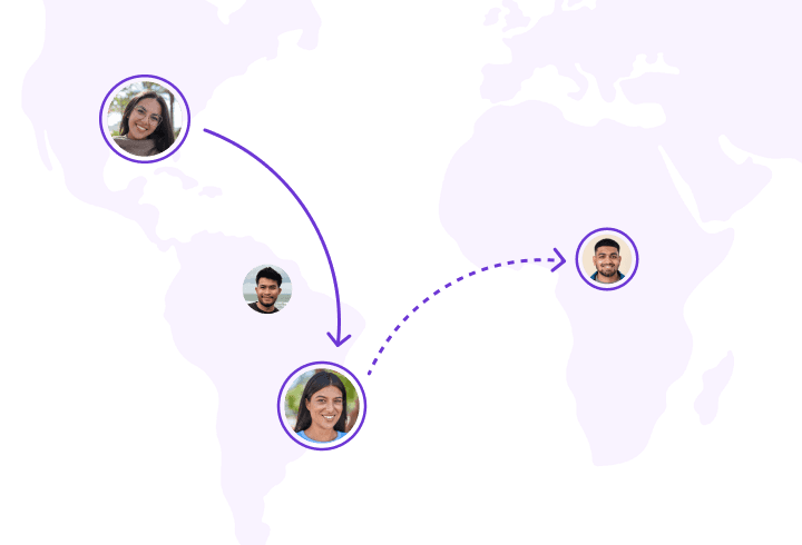 Ilustración del mapa del mundo muestra la conexión directa entre personsas a través de la App Takenos permitiendo conectar ingresos globales en la moneda local de el usuario.
