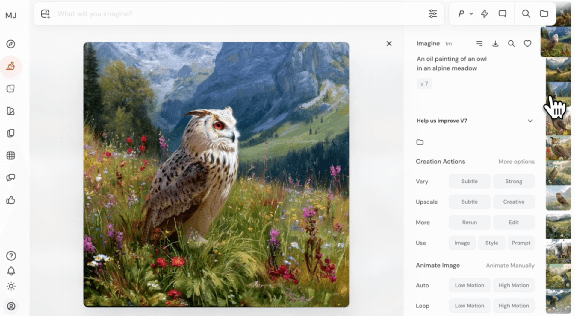 Midjourney artistic example: an oil painting of an owl in an alpine meadow shown in the Midjourney web interface