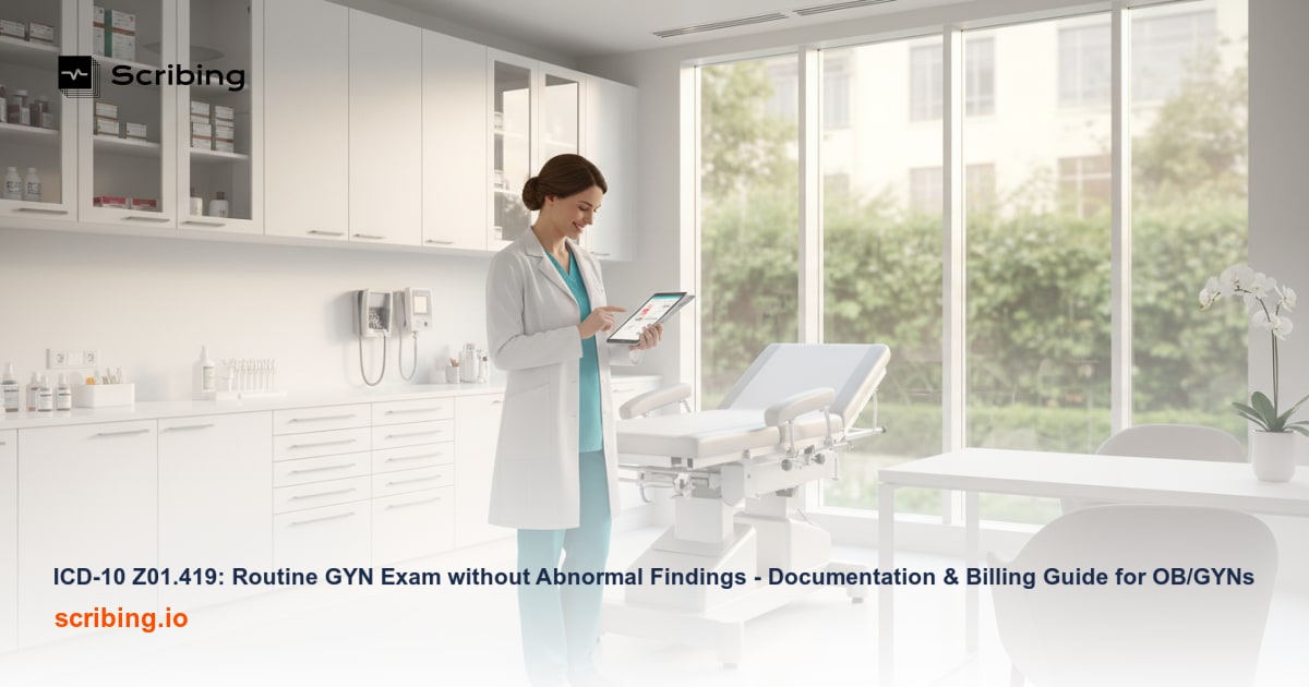 Medical office setting representing routine gynecological exam documentation and ICD-10 Z01.419 billing for OB/GYN practices