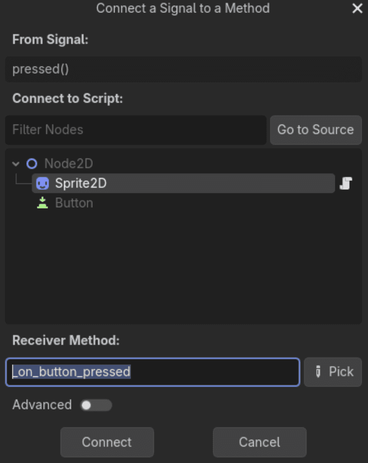 Godot signal connection dialog showing a target node and receiver method for a button’s pressed signal.