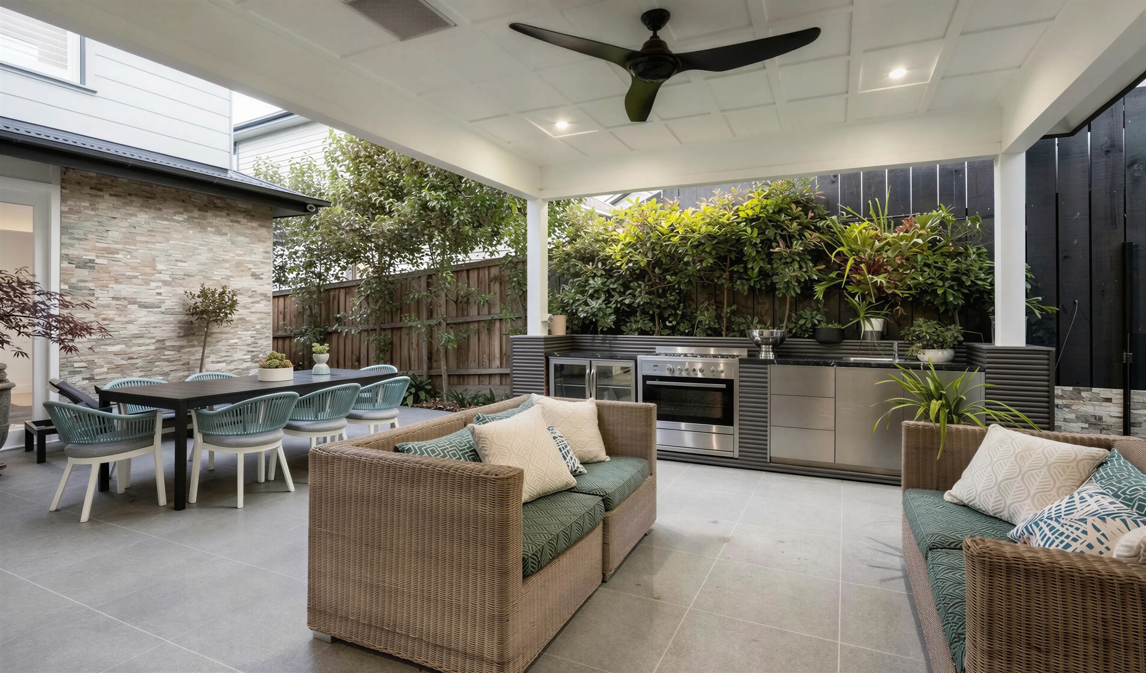Covered outdoor entertaining area with integrated kitchen at the Park residence