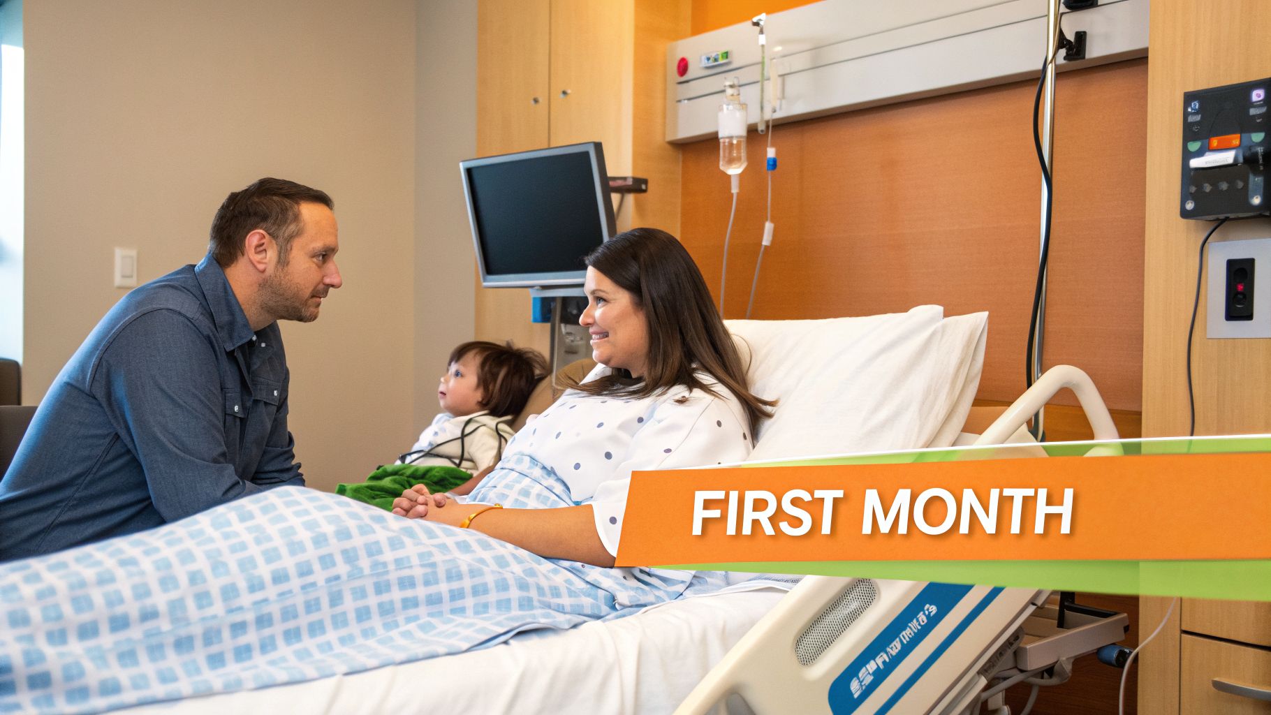 A family, including a mother in a hospital bed, father, and child, sharing a moment in a hospital room.
