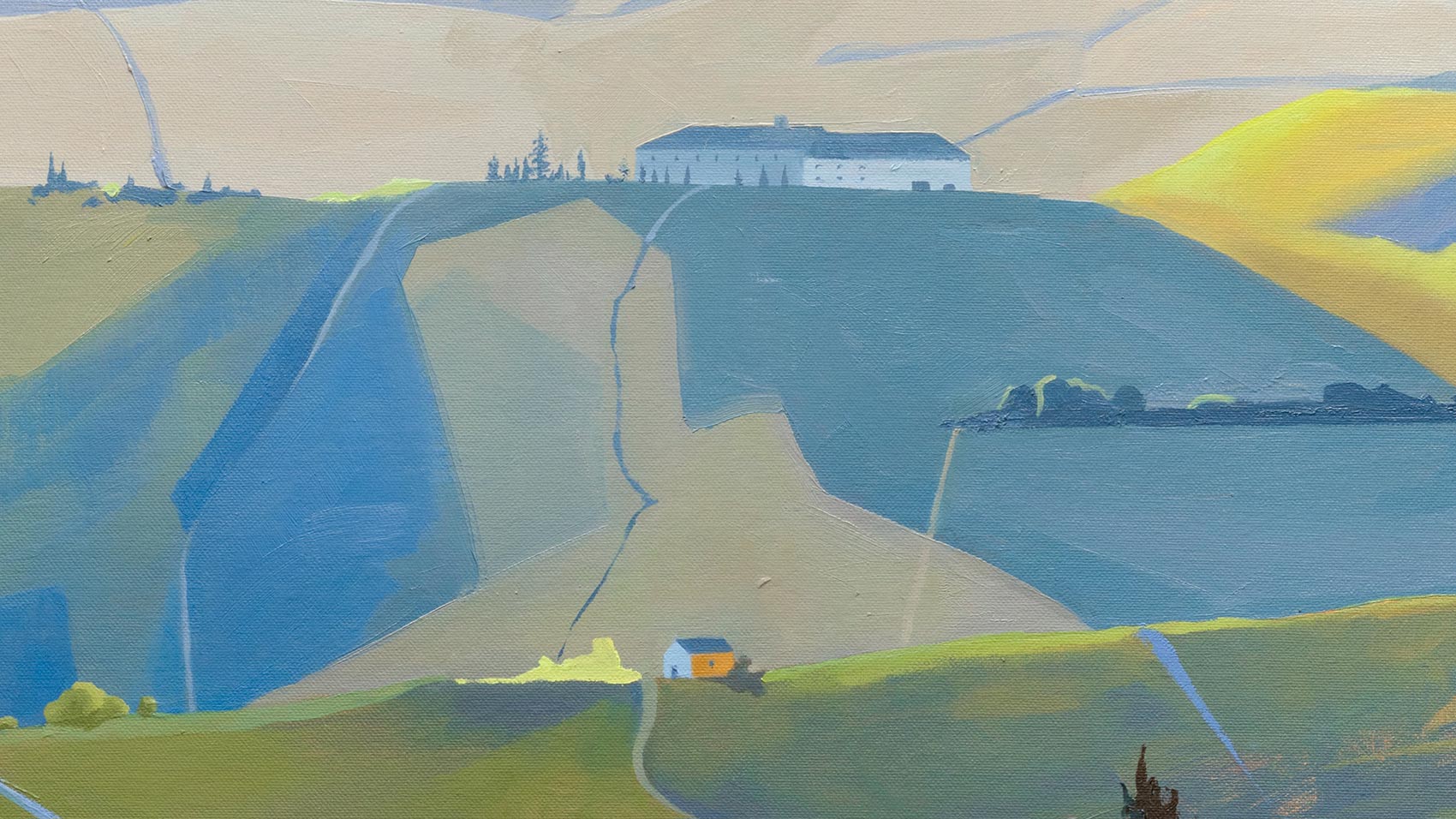 a close up of the tuscan painting showcasing houses off in the distance along the hillside