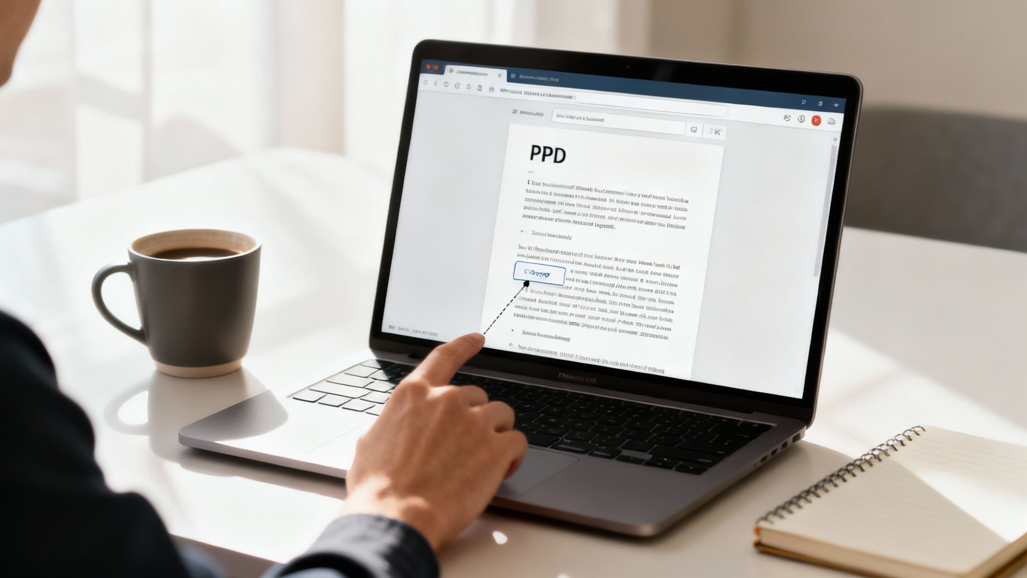 Speak4Me – A person's hands using a laptop to copy text from a PDF document displayed on the screen.