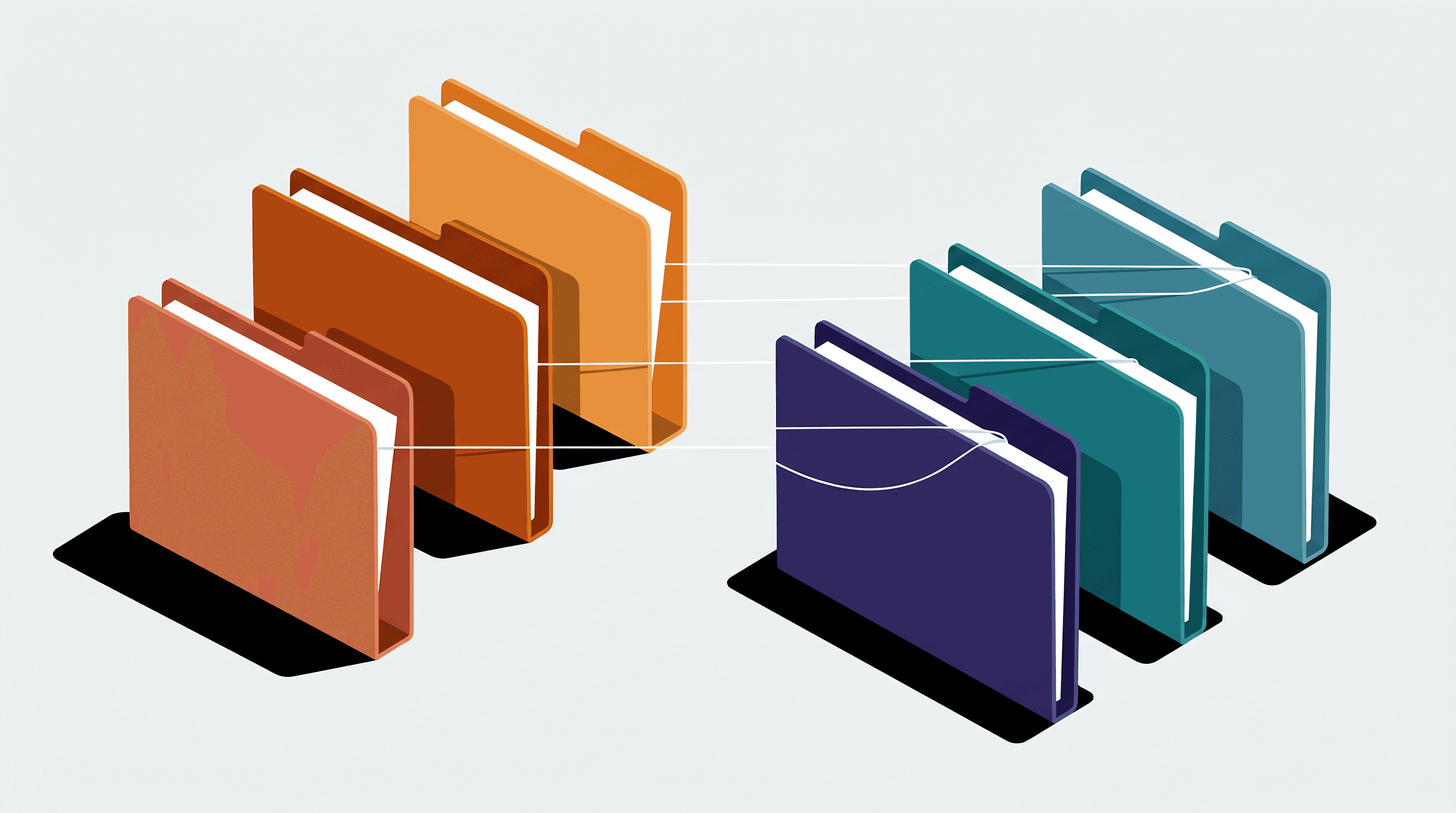 Six labeled document folders arranged in two language groups with connecting threads