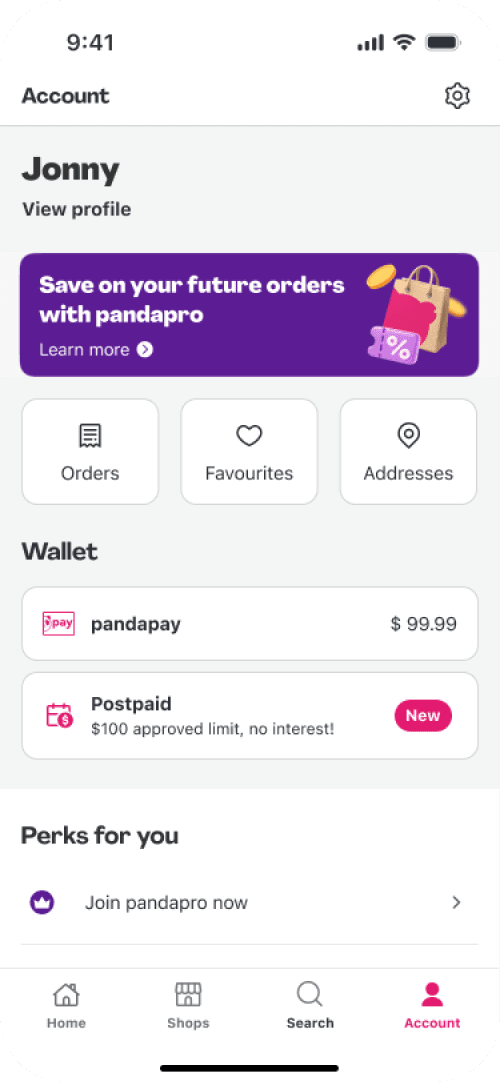 Account page with the Postpaid activation entry point