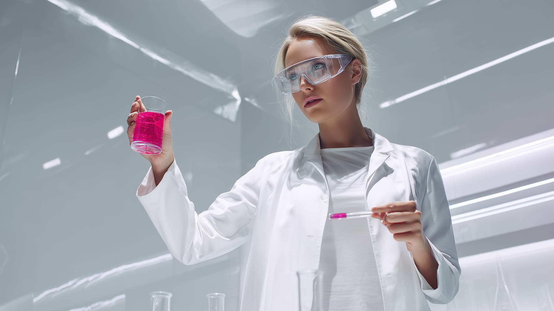 A scientist in a white lab coat and safety glasses examines a pink liquid in a beaker, set against a sleek, modern laboratory background.