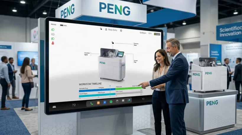 A medical analyzer digital twin on a large screen at a trade show