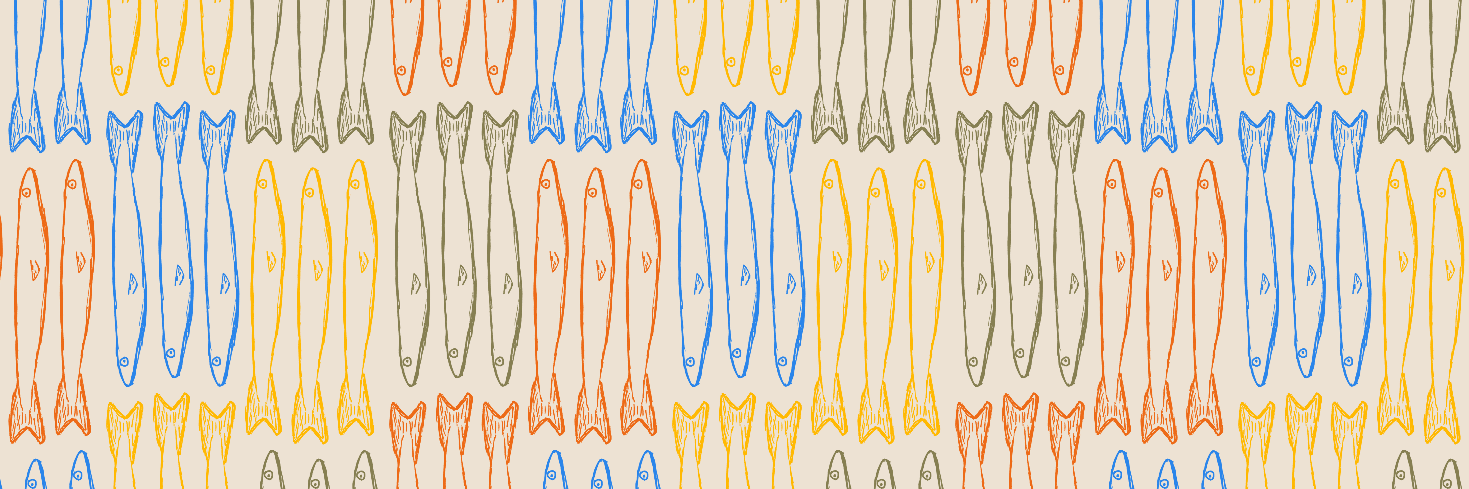 an alternating pattern made up of the foret sardine in saffron yellow, rusty orange, sea blue, and olive green.