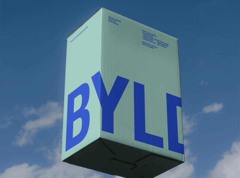 A large, light blue box with bold blue letters spelling "BYLC" against a clear blue sky.