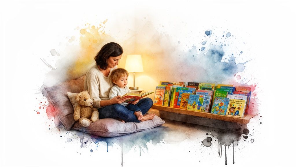 Mother and child bonding over a book, with a teddy bear and colorful children's books.