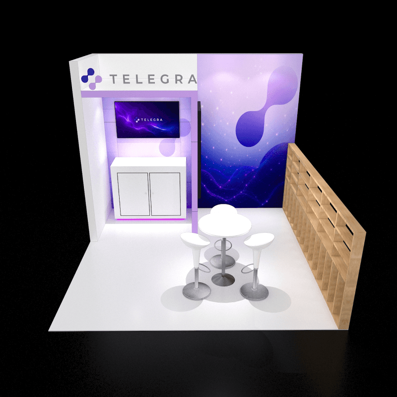 10x10 trade show booth with illuminated graphic wall and monitor