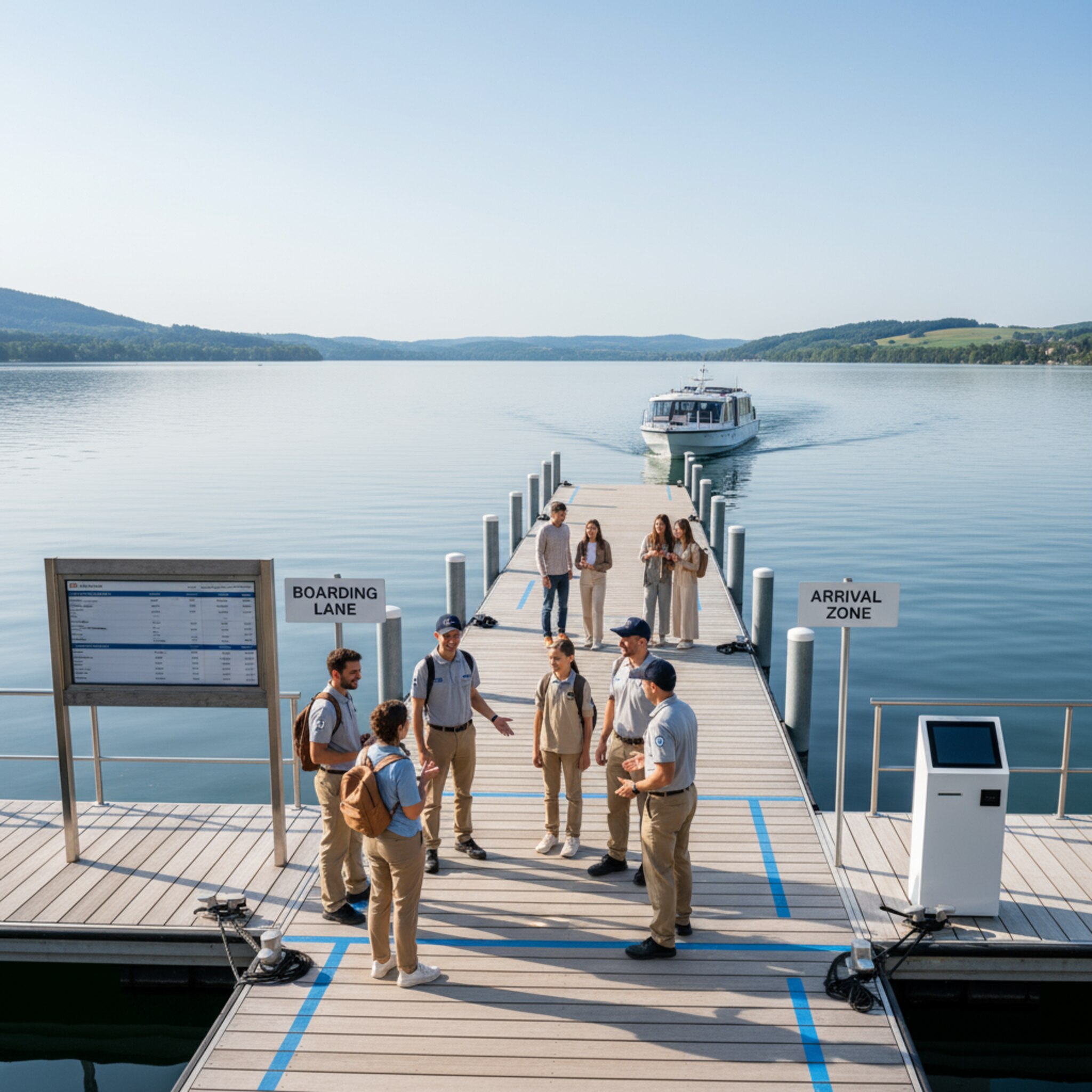 Am Anleger begrüßt eine Crew zwei Gruppen, während ein weiteres Boot einläuft. Eine klare Abtrennung für Einstieg und Ausstieg sorgt für Ordnung. Das Wasser ist ruhig, die Beschilderung gut sichtbar. Die Szene wirkt eingespielt und synchron organisiert.