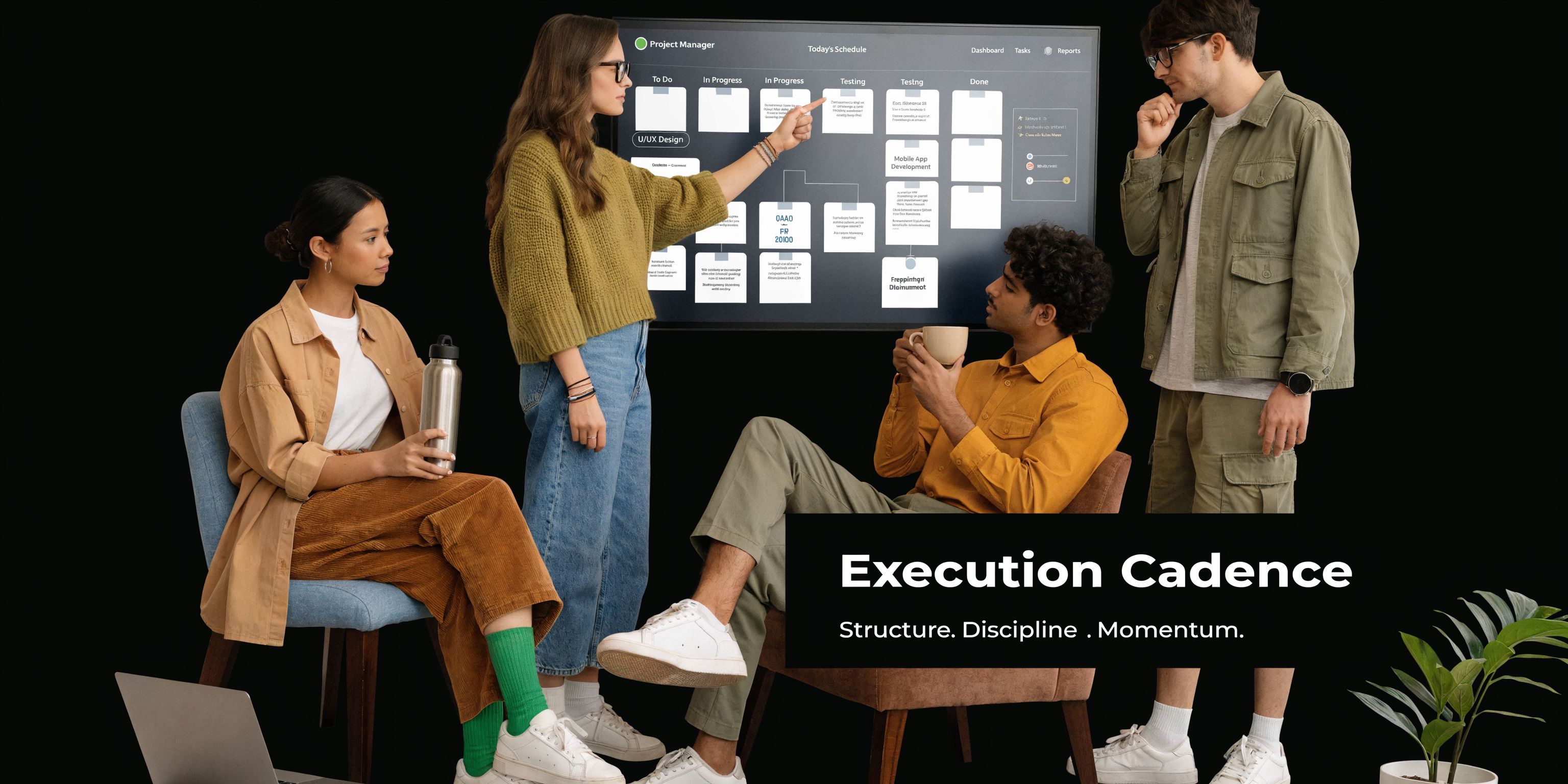 A professional team collaborating on an e-commerce growth strategy using a project management dashboard in a studio.