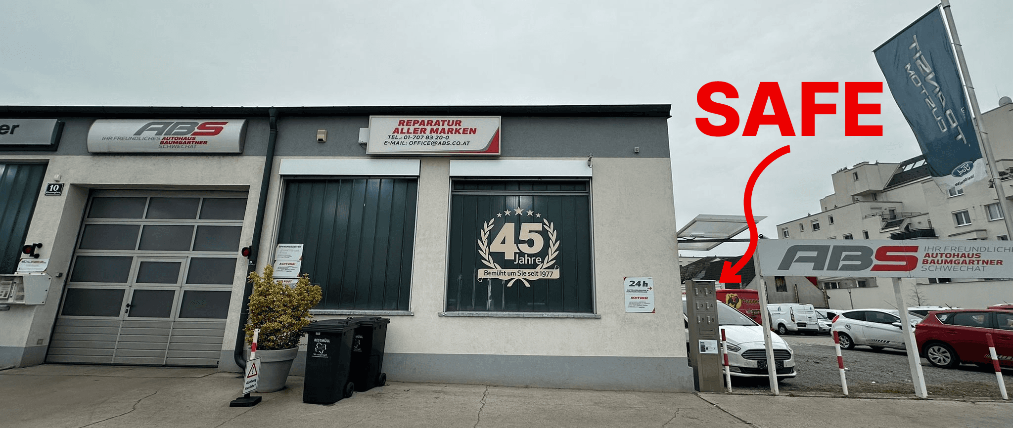 Foto von dem ABS Gebäude mit markierung zum Schlüsselsafe