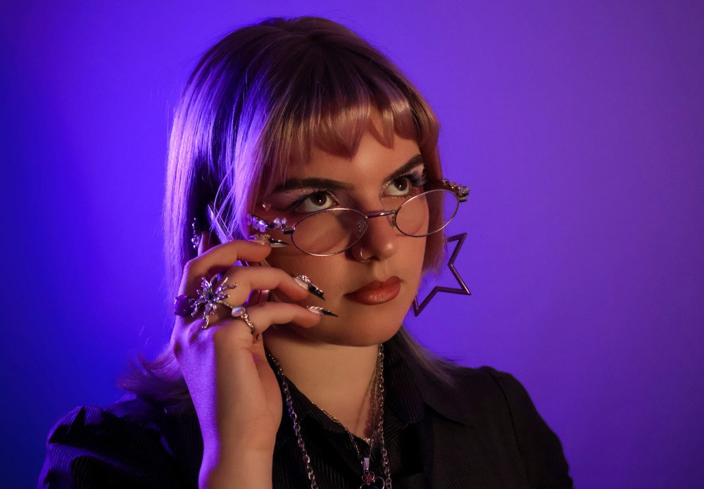 portrait of girl talking on Y2K phone, eye roll