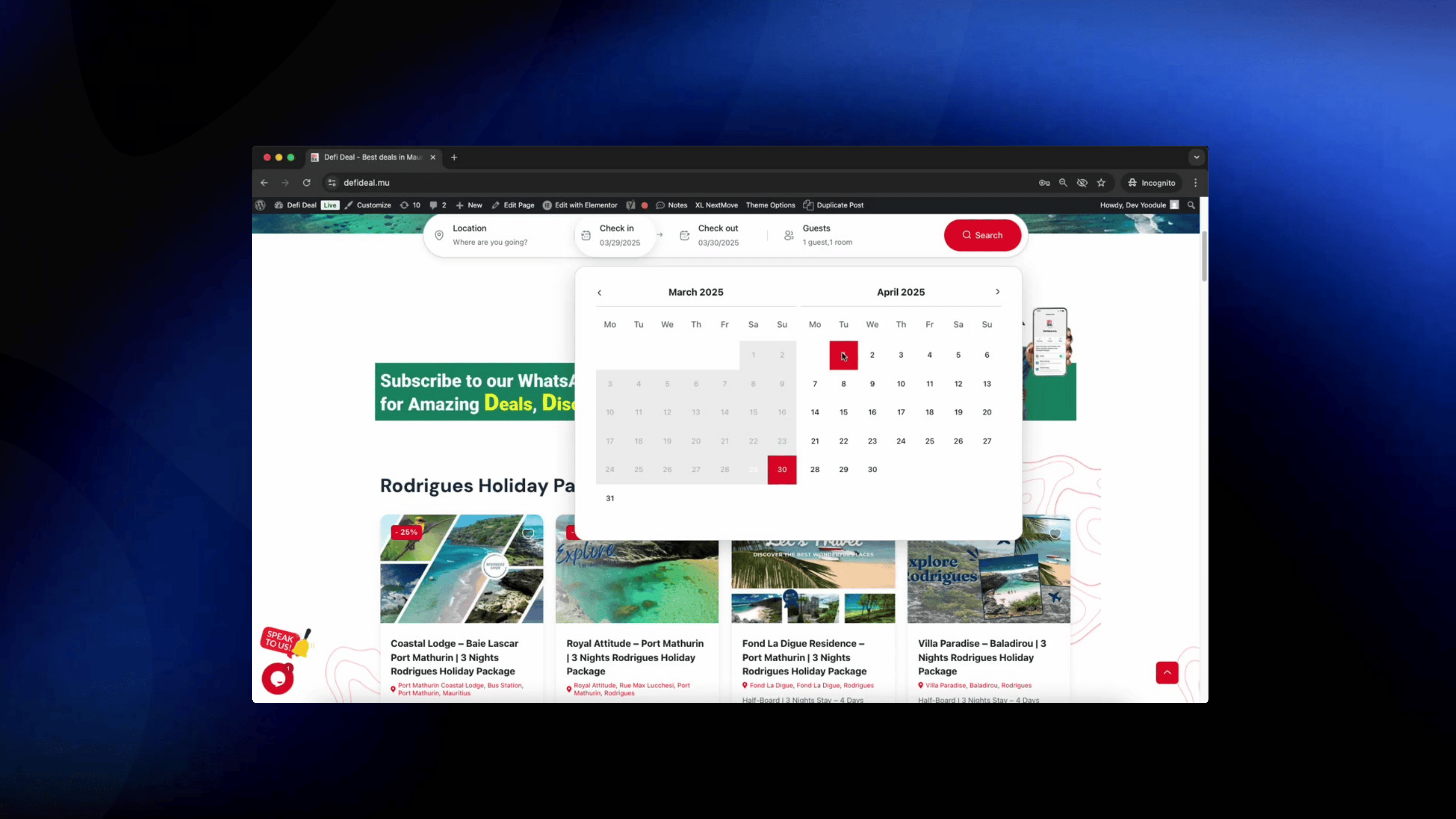 Custom WooCommerce architecture for each deal type using cloned but refactored post types
Booking logic for single-day (e.g., restaurants) and multi-day (hotels), plus adult-child validation rules
Ajax cart with modals, reward system logic, bulk editing in backend
Integration of APIs for currency conversion (Fixer.io) and geolocation (MaxMind)
Translation setup using WPML and compatibility adjustments
Client collaboration via ClickUp + Loom + Zoom during all stages
Ongoing QA + feedback loops from test.defideal.mu before pushing to production

 