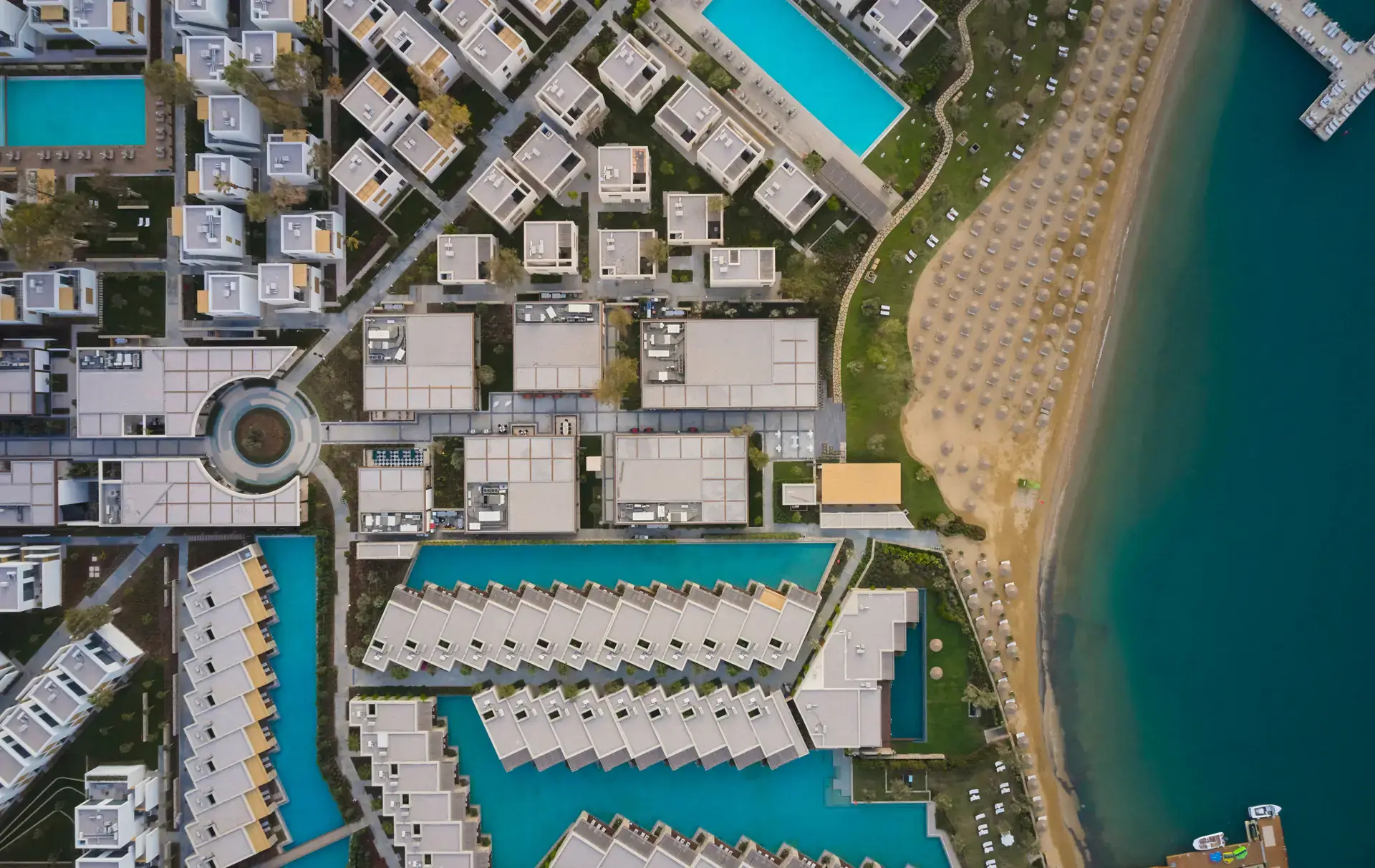 Top-down view of the resort and beach