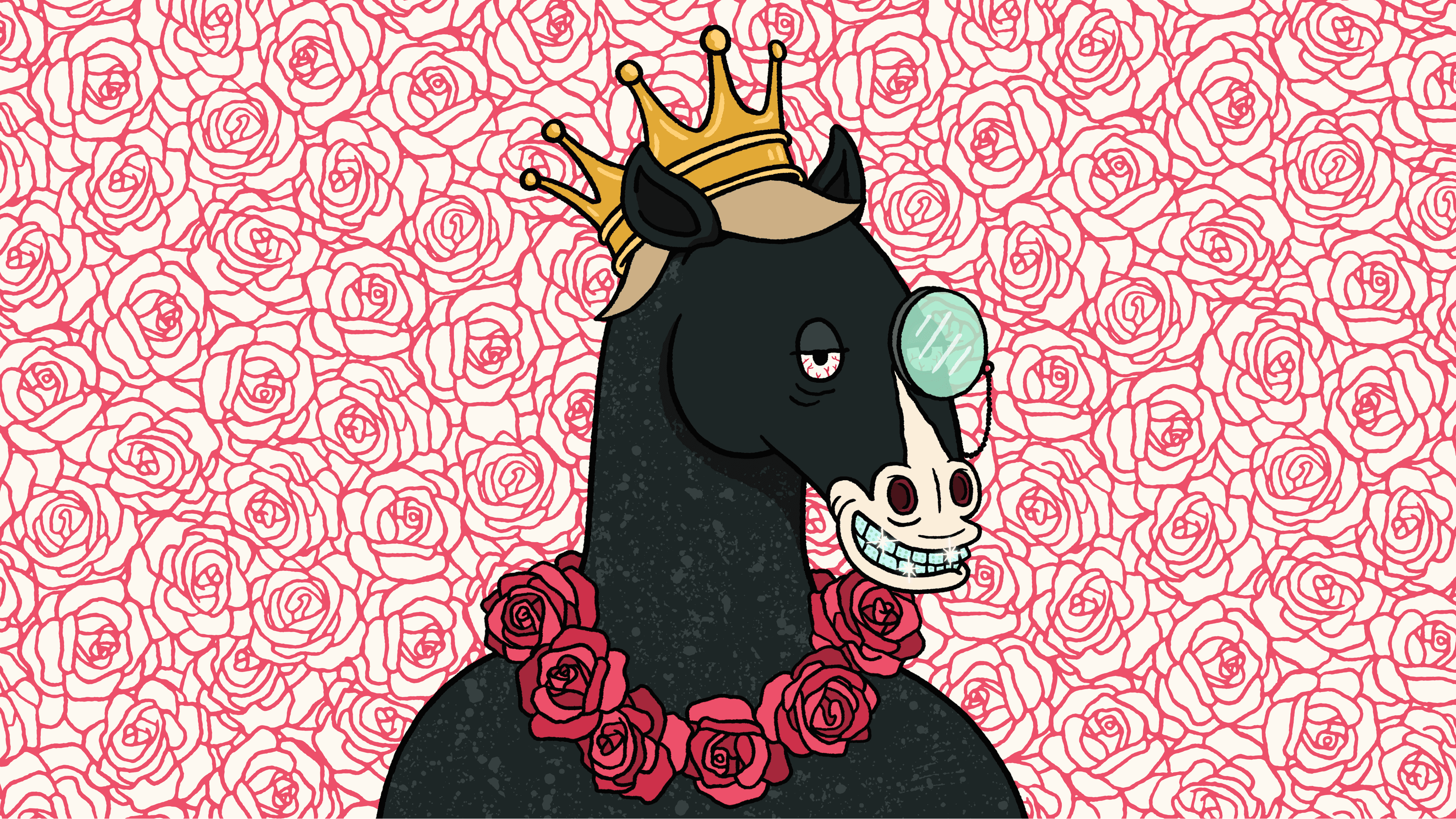 Image of a Party Horse wearing a crown and monocle on a rose pattern backgrounf