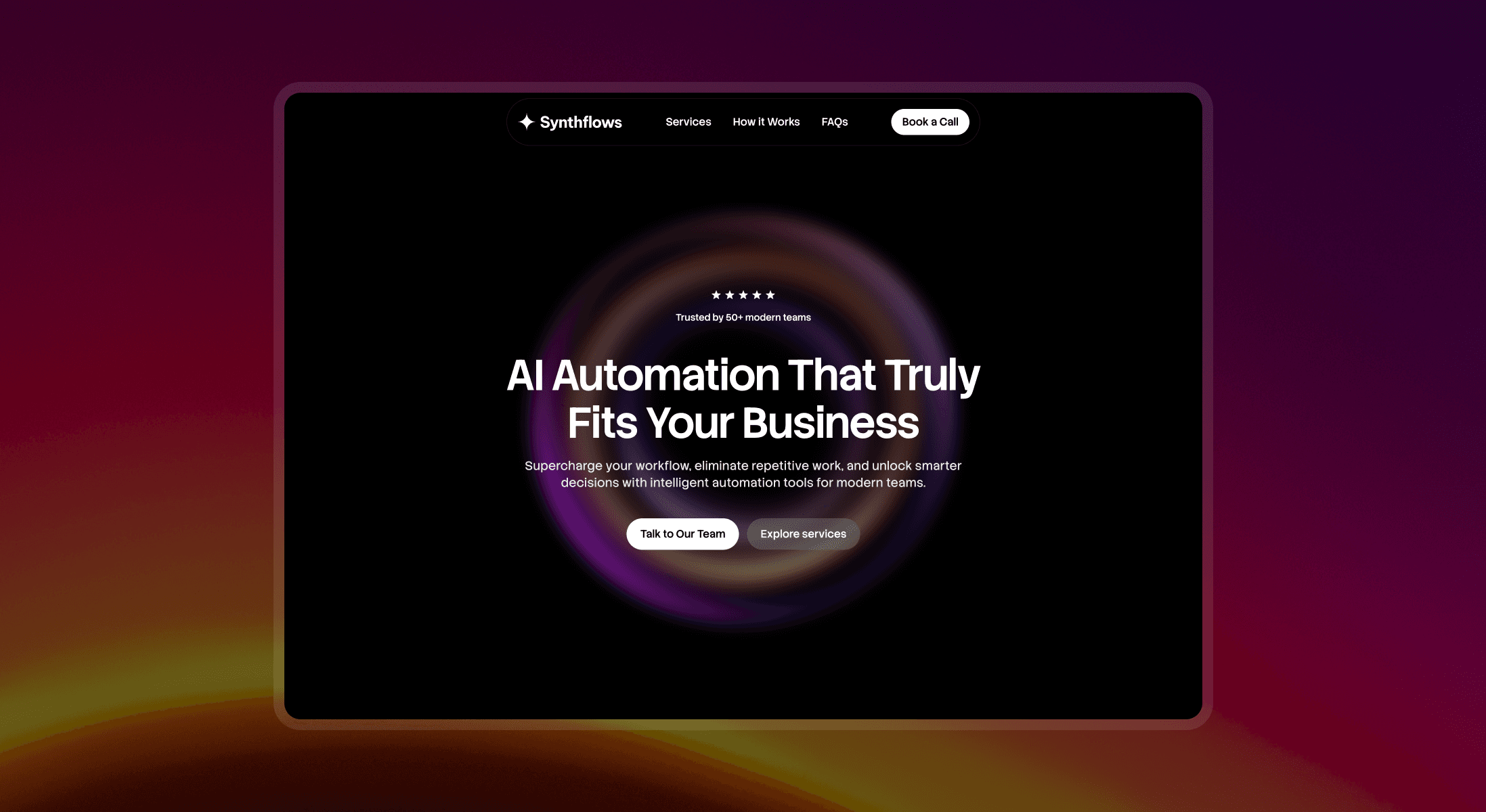 Synthflows free Framer template for AI tools and automation products showing a dark themed hero section with glowing visual effect and trust signals