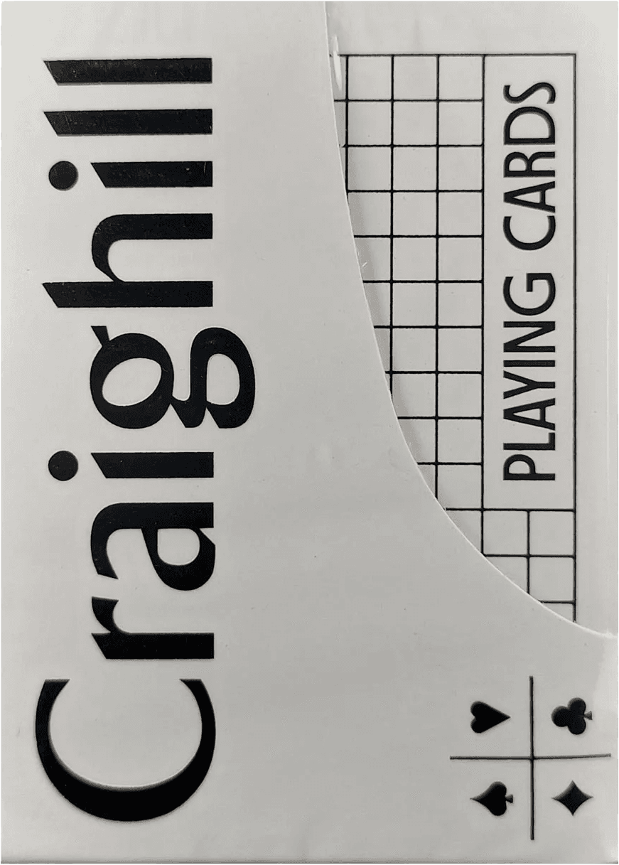 Craighill playing cards, a white deck box with bold black Craighill lettering and a grid graphic reading Playing Cards.
