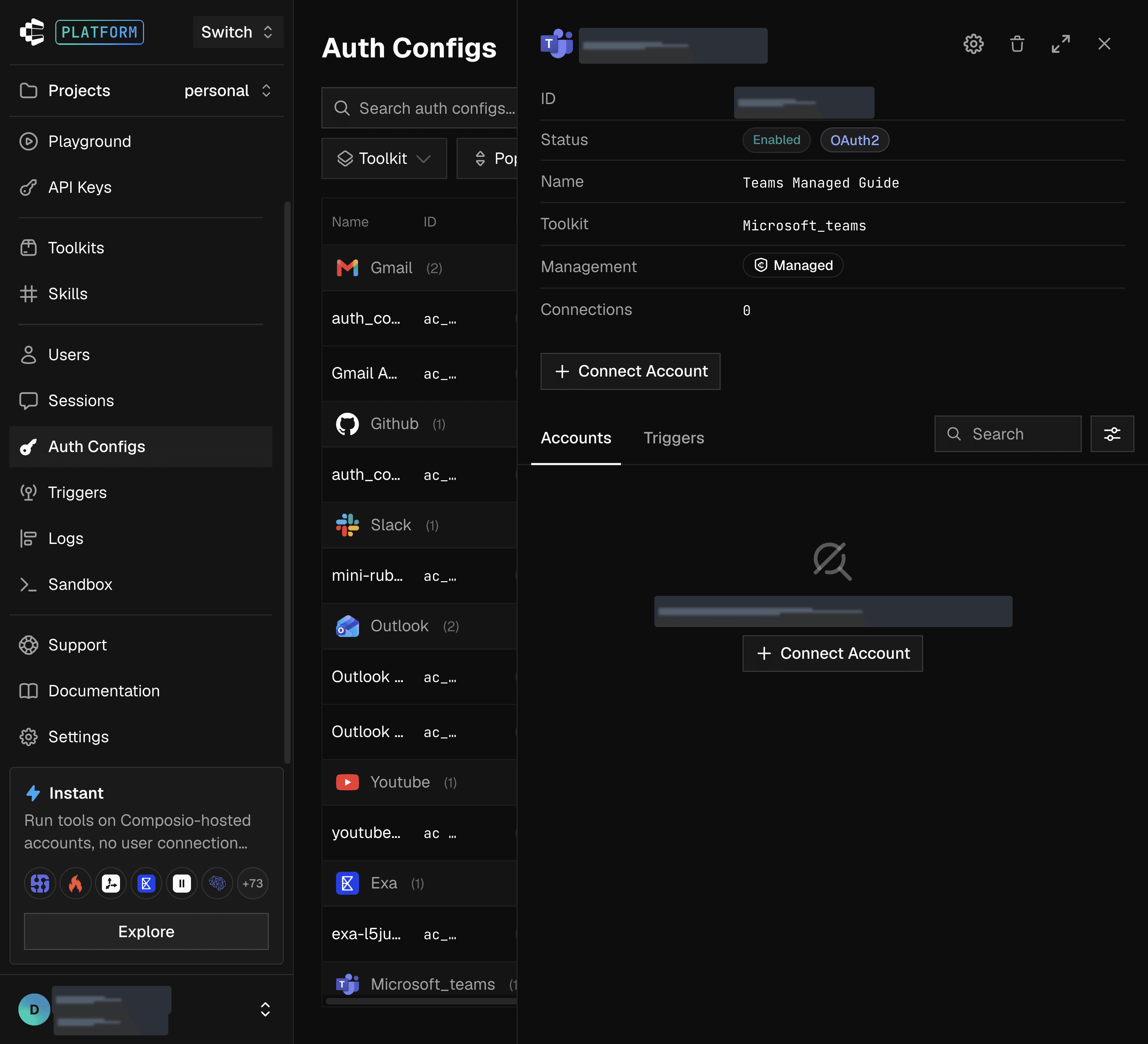Connect Account button on the managed Microsoft Teams auth config