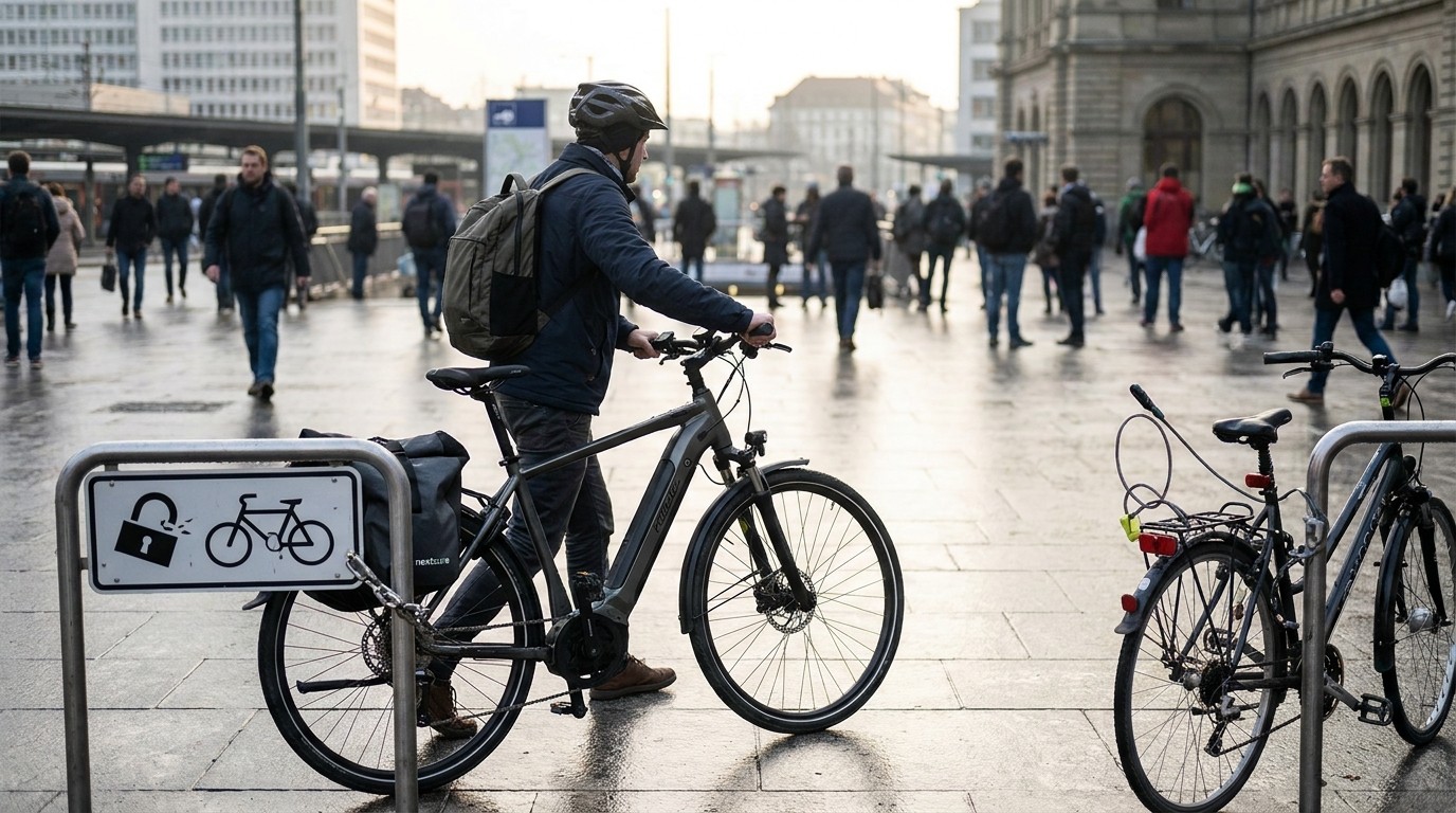 Pendler mit E-Bike vor S-Bahn-Eingang