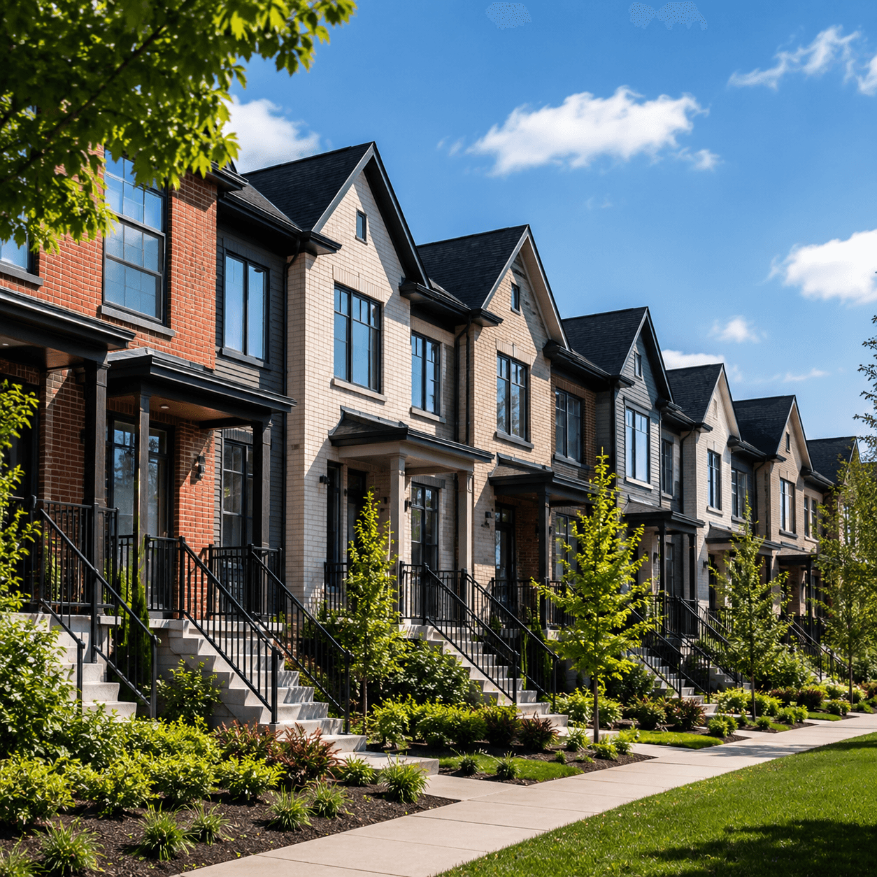 Modern residential townhomes in an Ontario neighbourhood representing landlord and tenant housing matters.