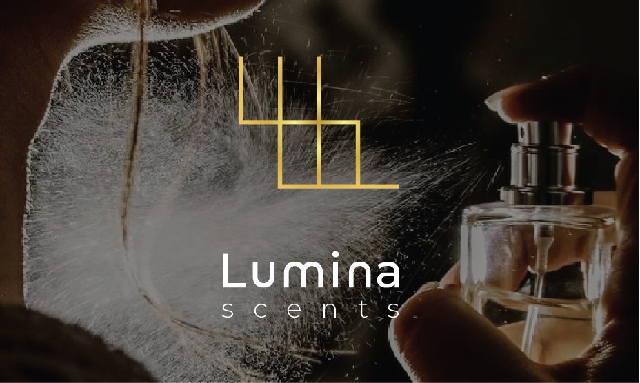 Poster design featuring a person applying perfume in the background, with the company logo prominently displayed in the foreground to reinforce brand identity
