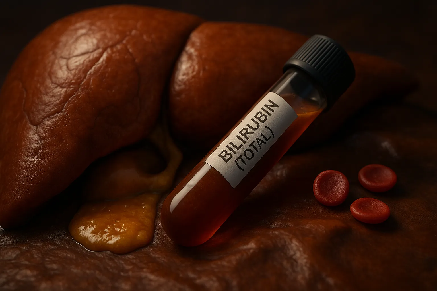 Total bilirubin blood test vial beside stylized liver and red blood cells.