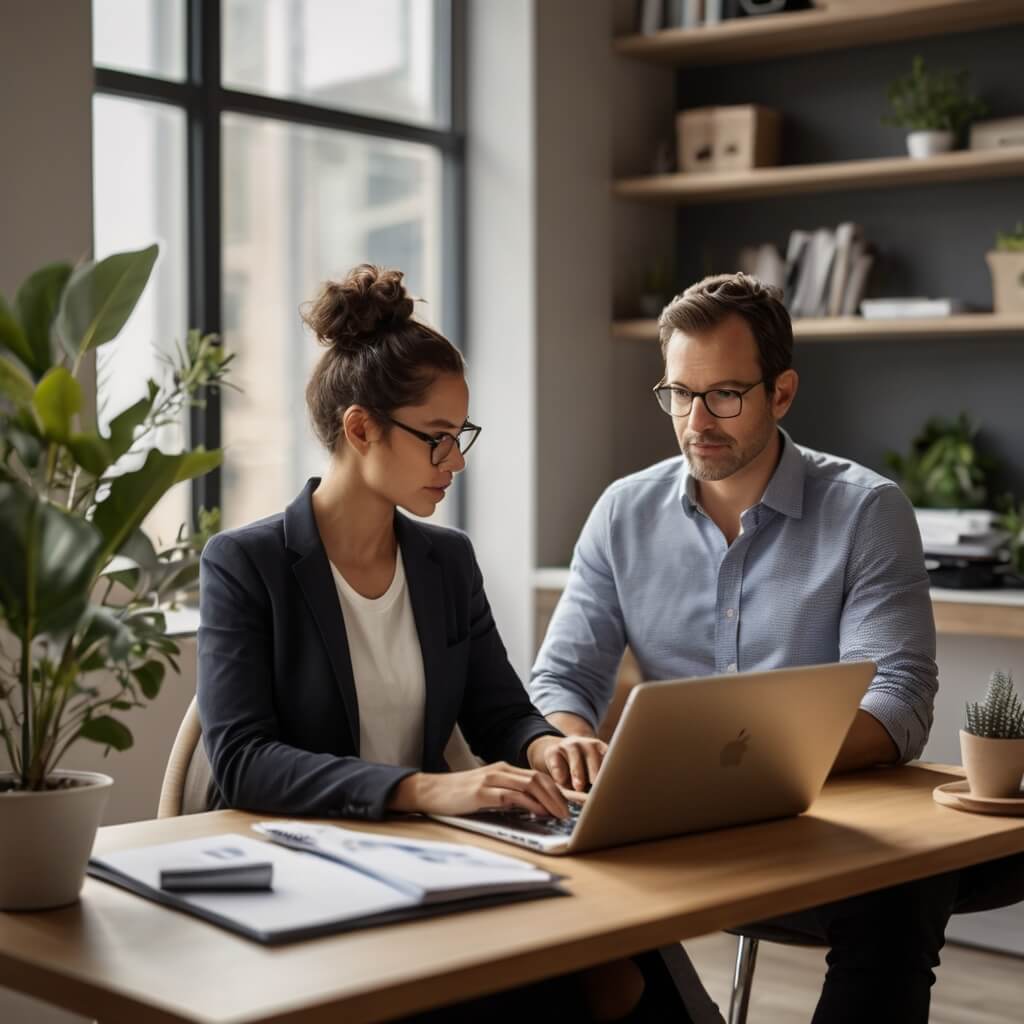 Profesional trabajando en laptop en un ambiente acogedor, representando el proceso de evaluación, análisis y desarrollo de estrategias para implementar IA en empresas.