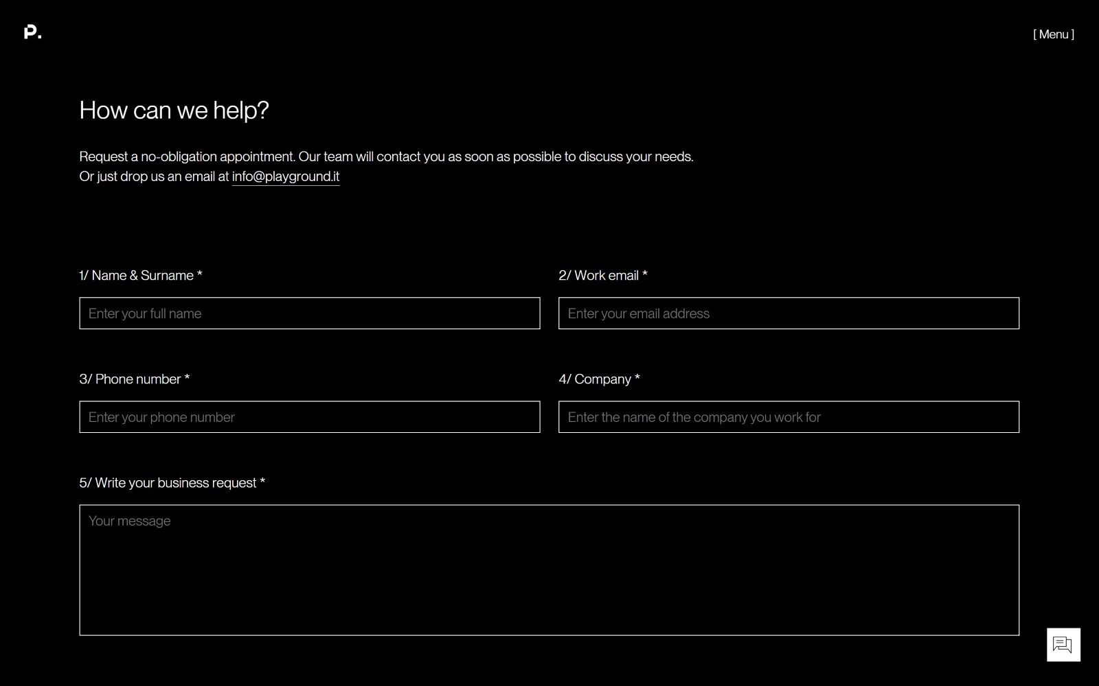 Black contact form page with fields for name, email, phone, company, and message. Header reads "How can we help?" Email provided.