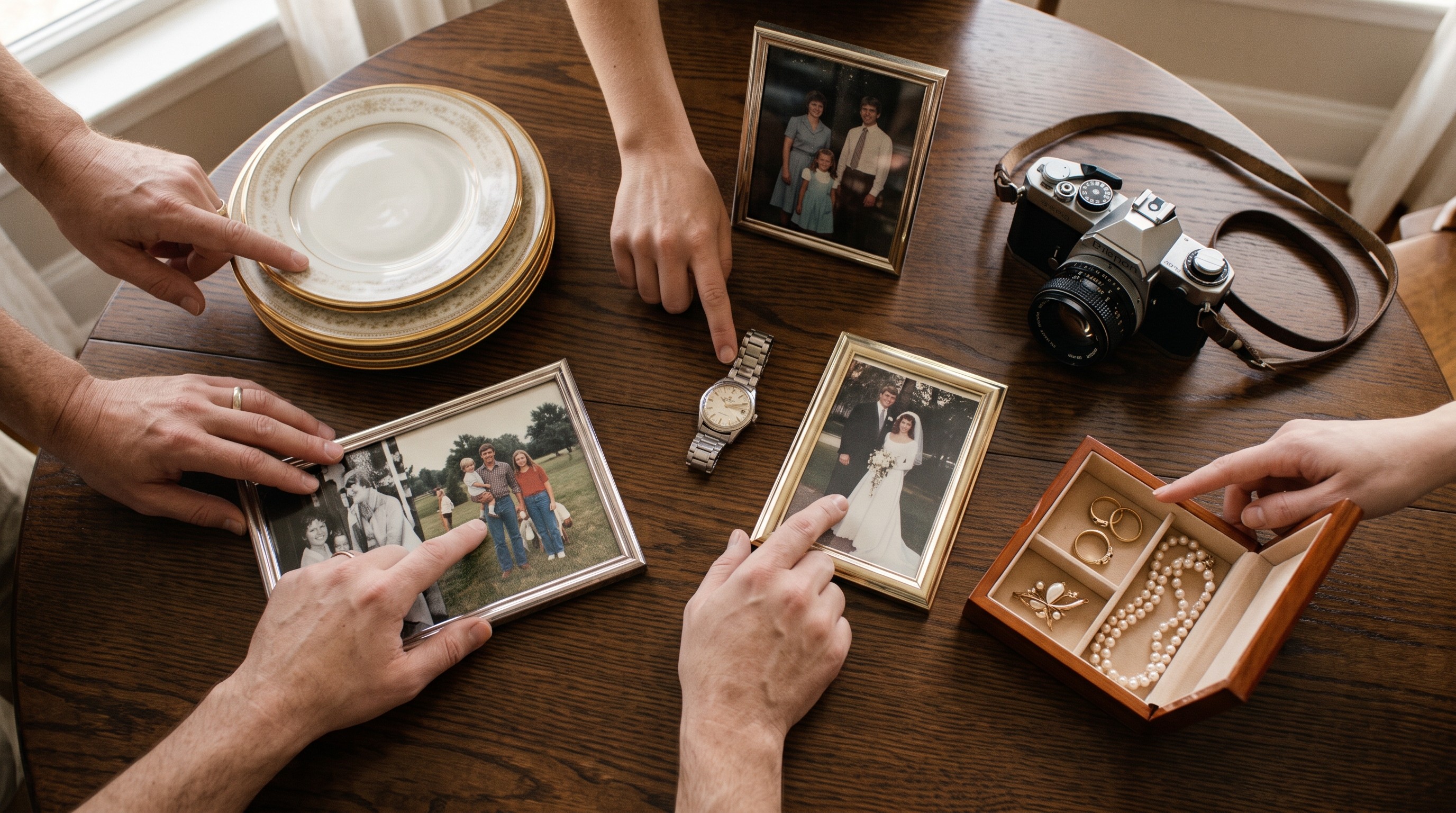 Cherished heirlooms on a table with people pointing and arguing over them