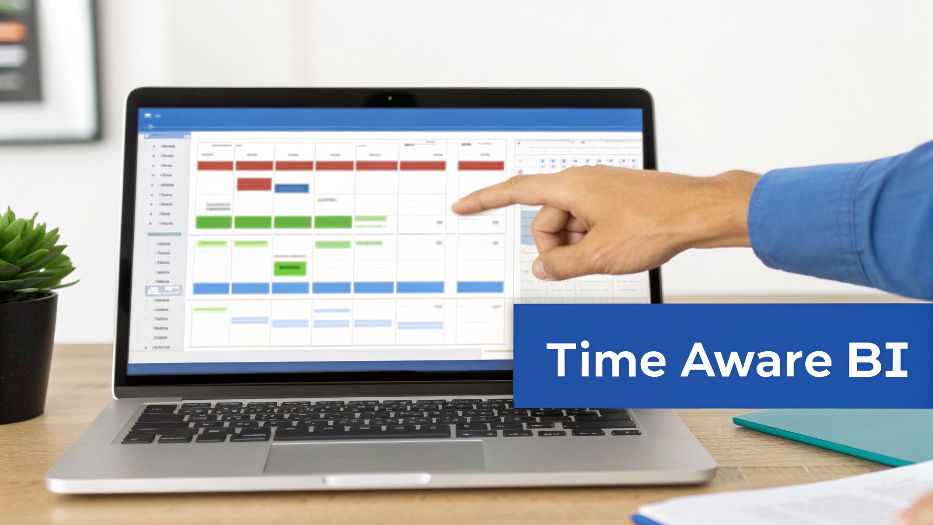 A hand points at a laptop displaying a time-aware BI dashboard with colored data, featuring 'Time Aware BI' text.