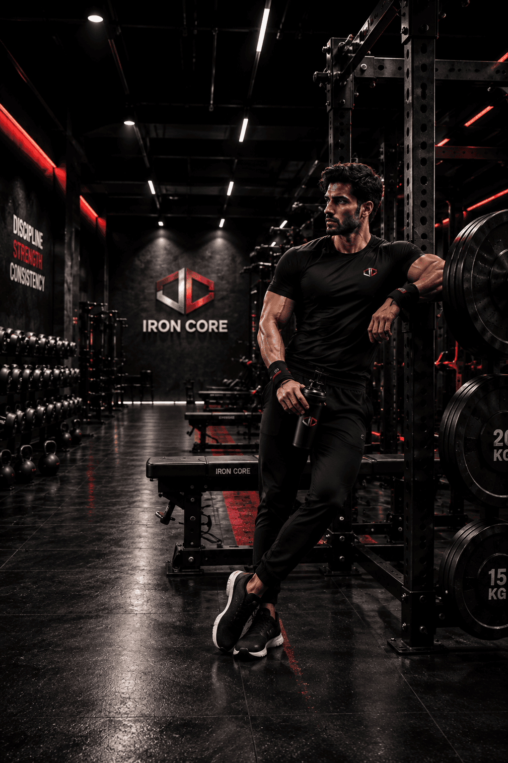An athletic man leaning against a heavy power rack structure while holding a shaker bottle in a dark gym environment.