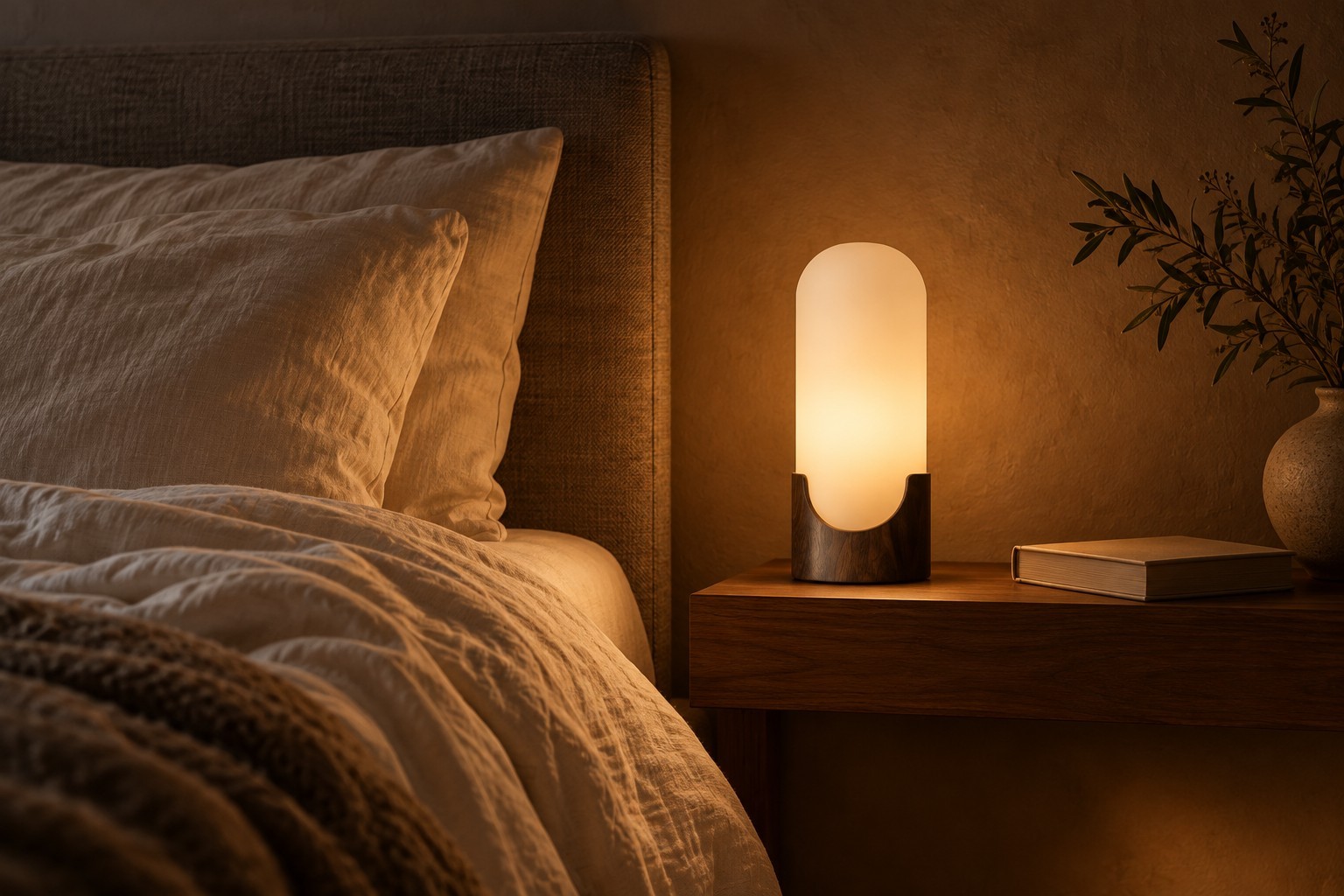 The pill lamp giving an amber glow on a bedside table at night