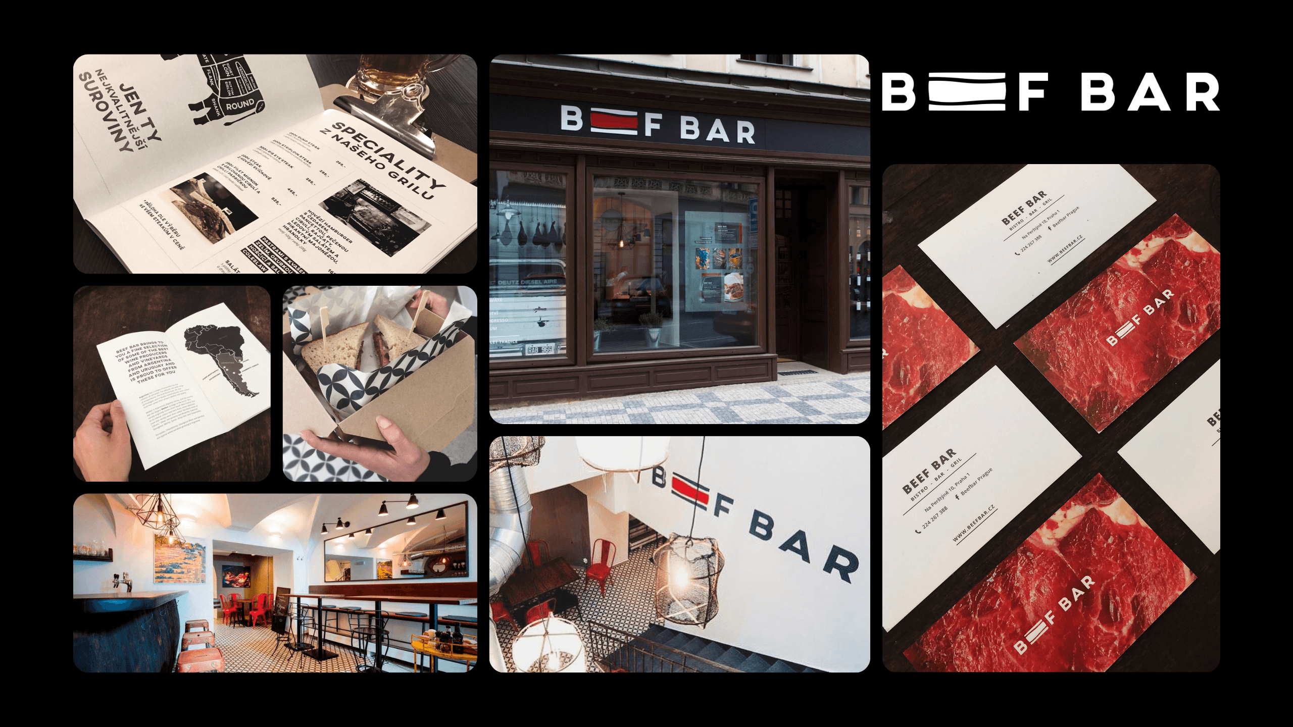 Beef Bar restaurant branding across signage, menu and Prague steakhouse interior
