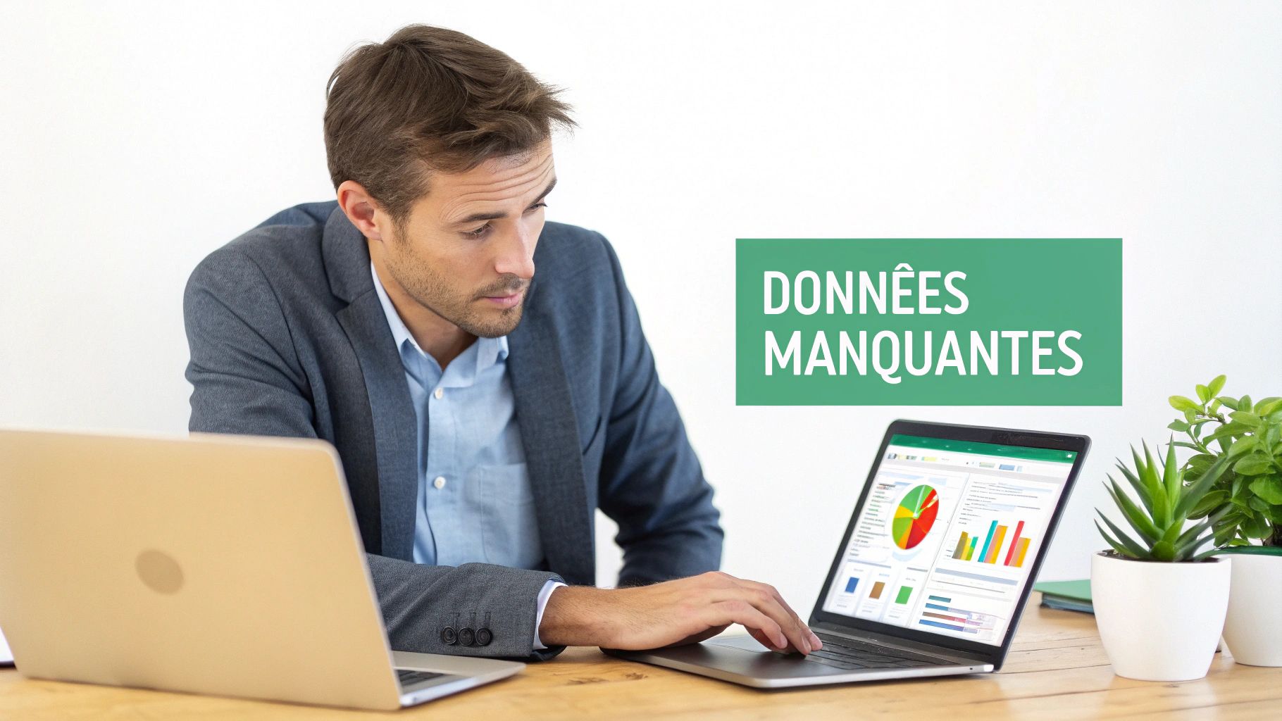 Un homme d'affaires analyse des graphiques sur un ordinateur portable, avec l'inscription 