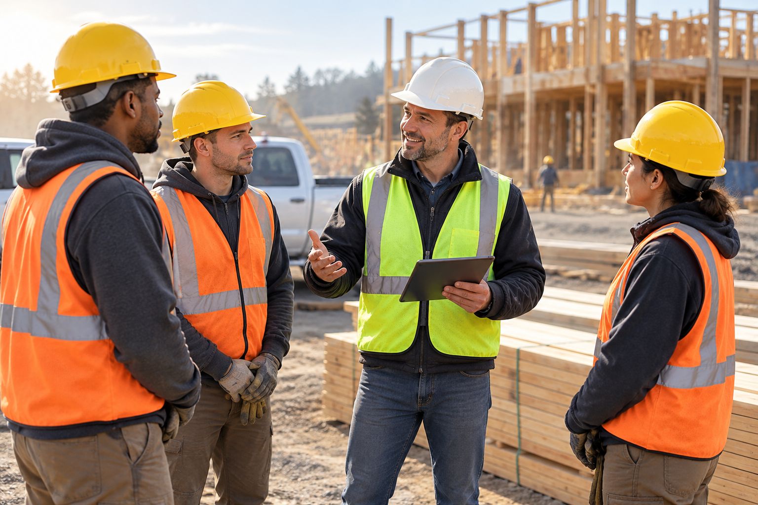 Construction foreman briefing a temp-to-hire crew at a job site