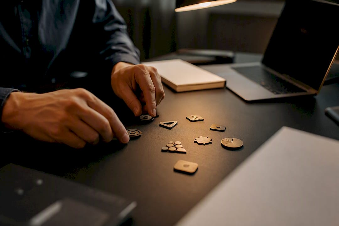 Hands adjusting lead generation tokens on dark desk