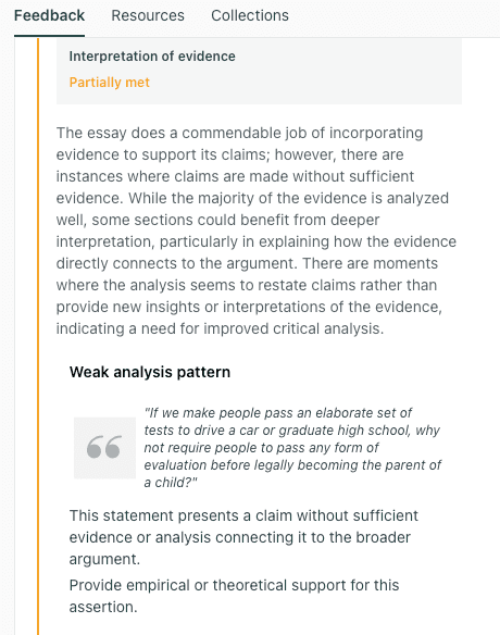 thesify feedback identifying a weak analysis pattern where an academic paragraph makes a normative assertion without sufficient analytical support
