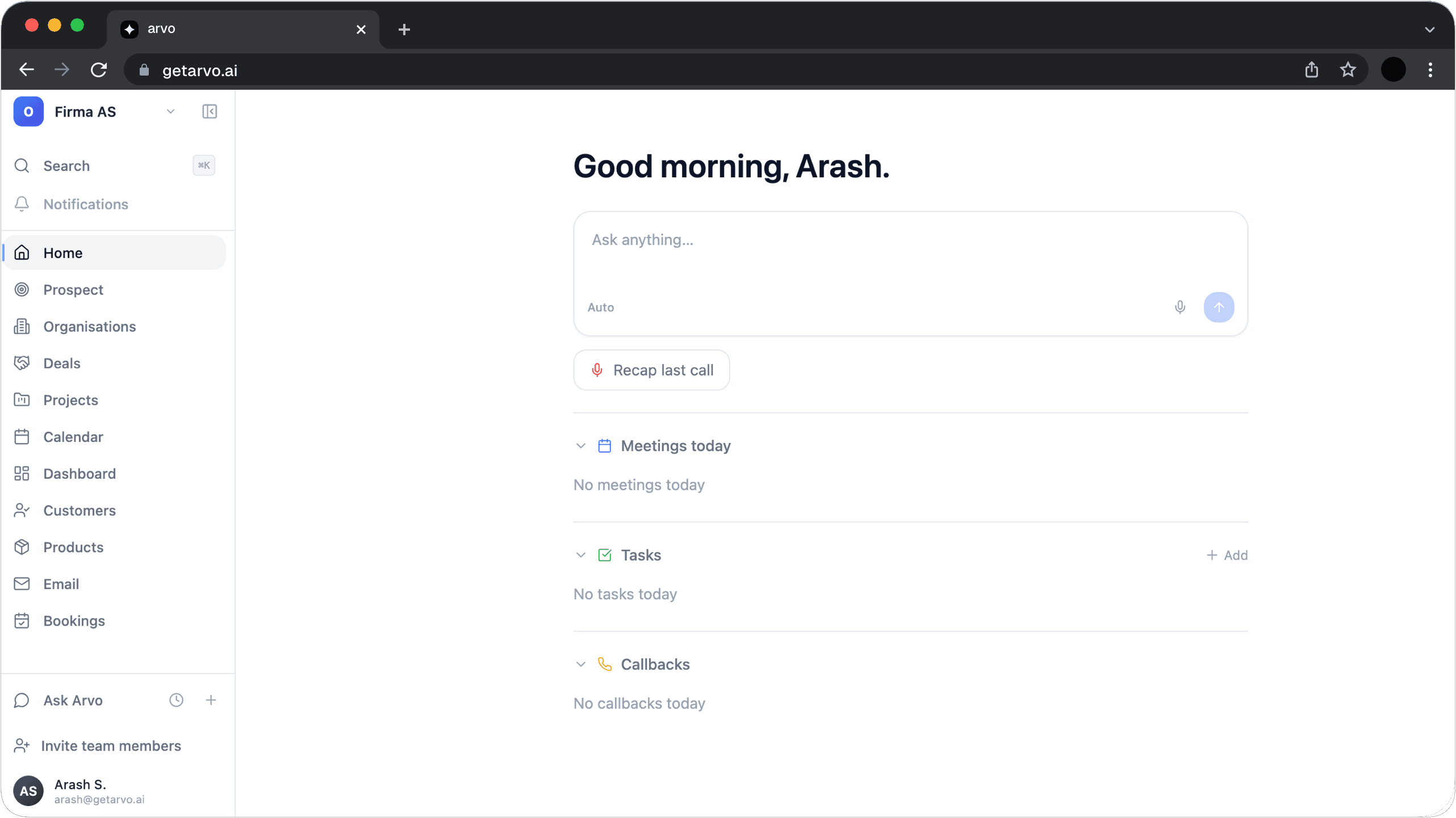Arvo CRM dashboard
