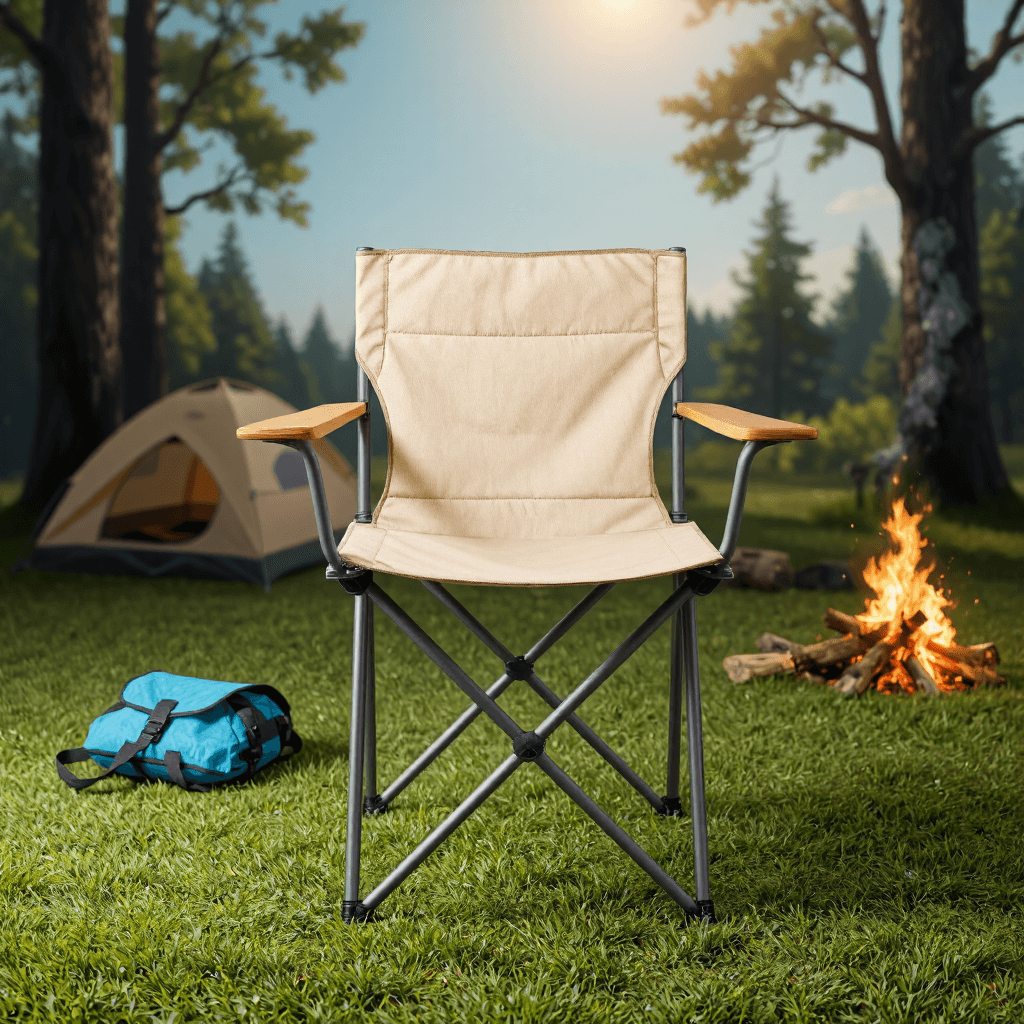 product photography of a folding chair with wooden armrests, designed for outdoor use