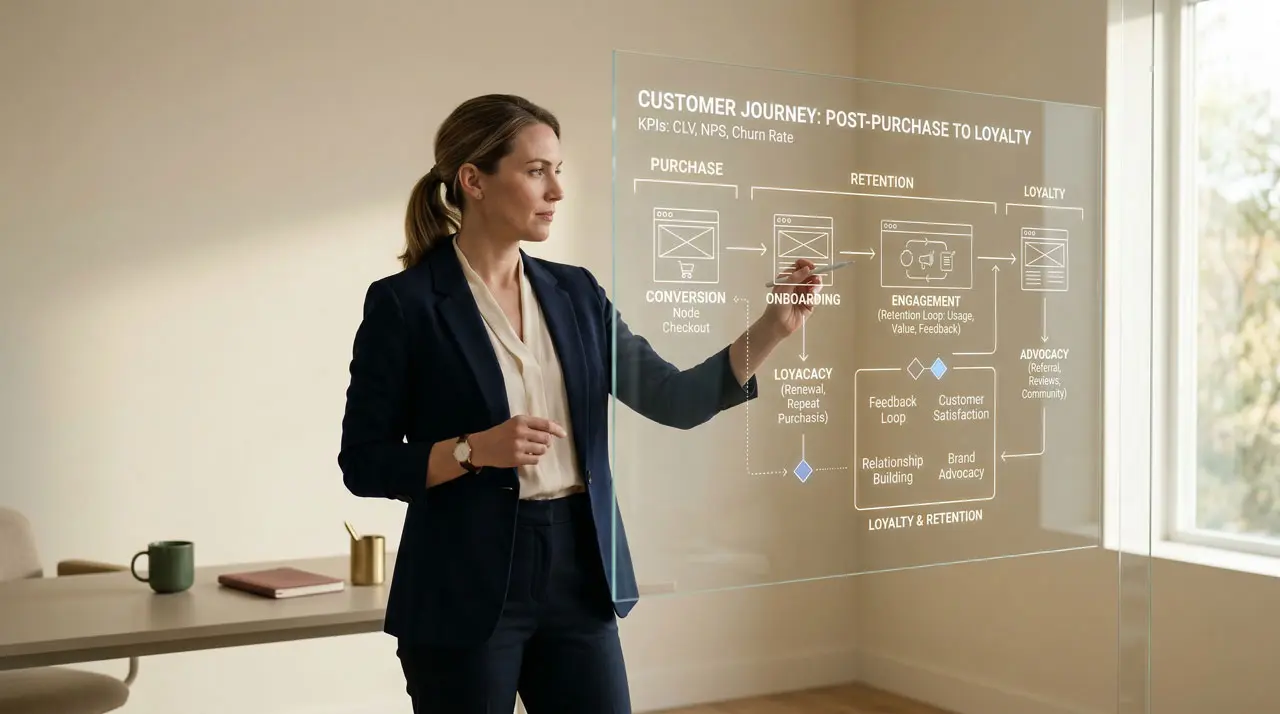 Diagrama del recorrido del cliente que muestra conversión y fidelización en una estrategia de marketing.
