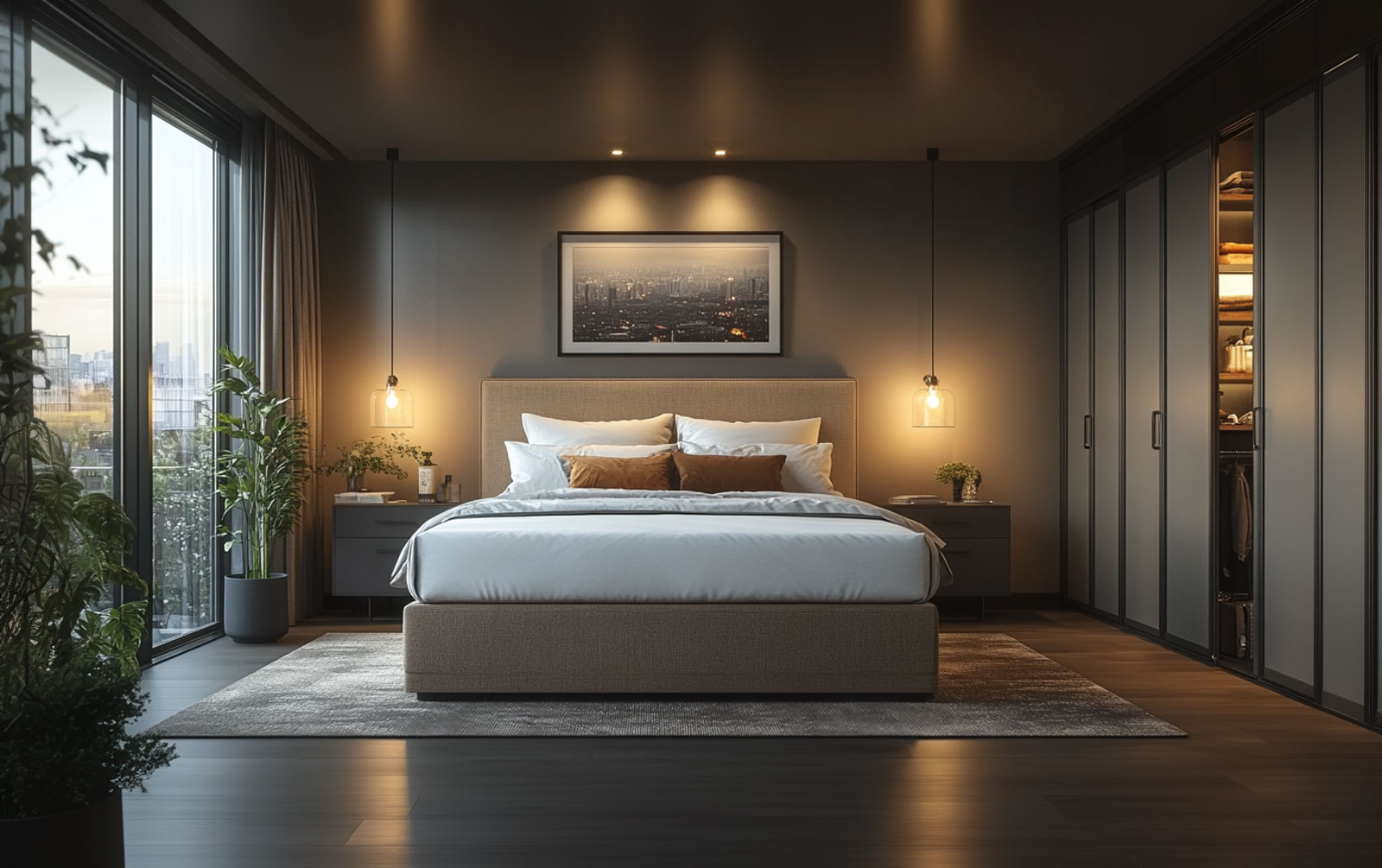 Ein modernes Schlafzimmer in 3D, mit einem großen Bett mit weißer und brauner Bettwäsche, Nachttischen mit Hängelampen, einem Stadtbildfoto, raumhohen Fenstern, Pflanzen und Einbauschränken mit offenen Regalen.