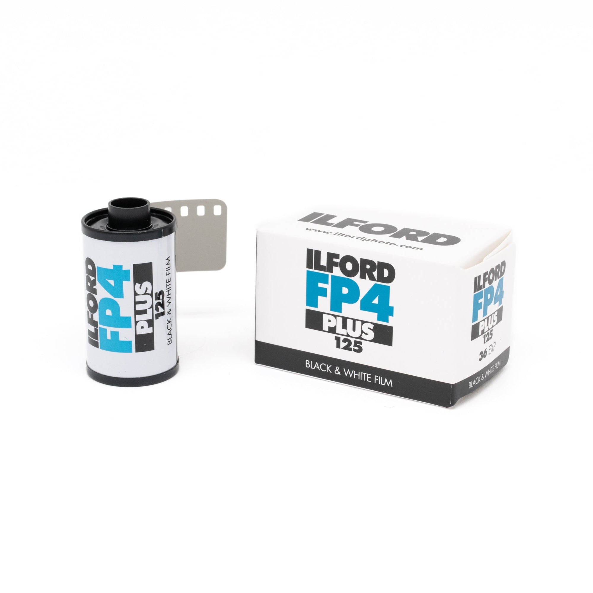 Ilford FP4 Plus black and white 35mm film canister and box