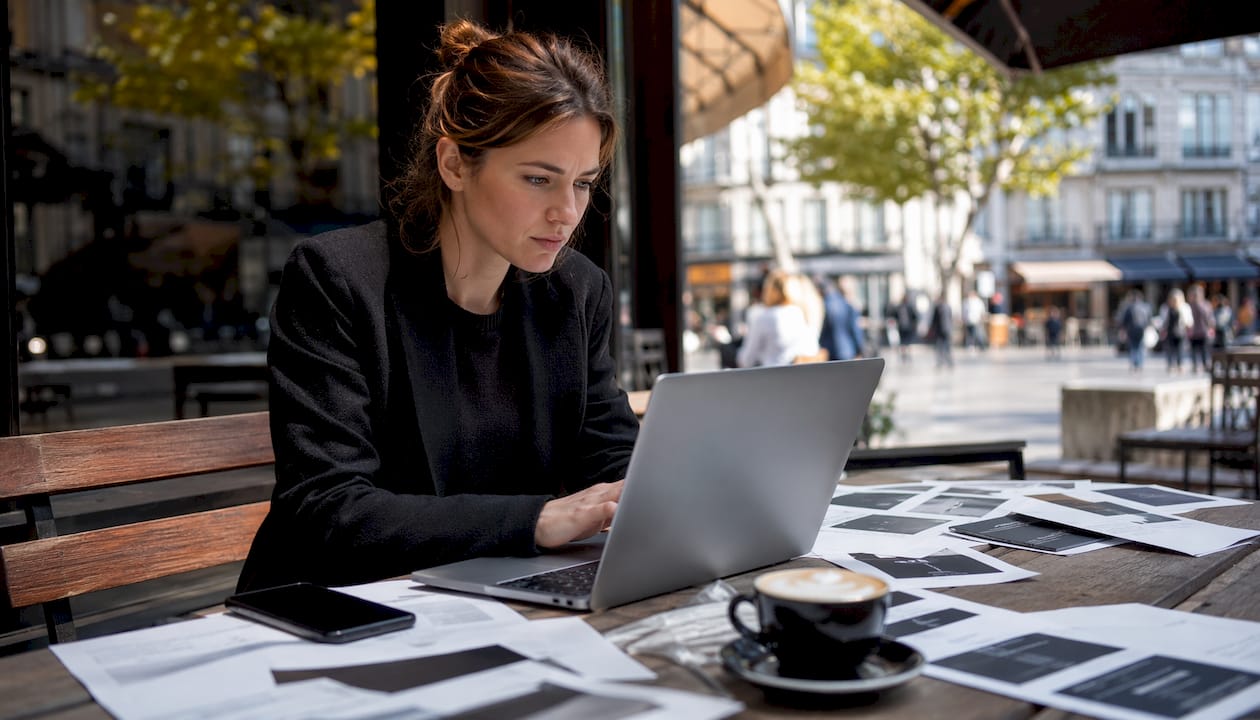 Entrepreneur reviewing web design cost documents at cafe table