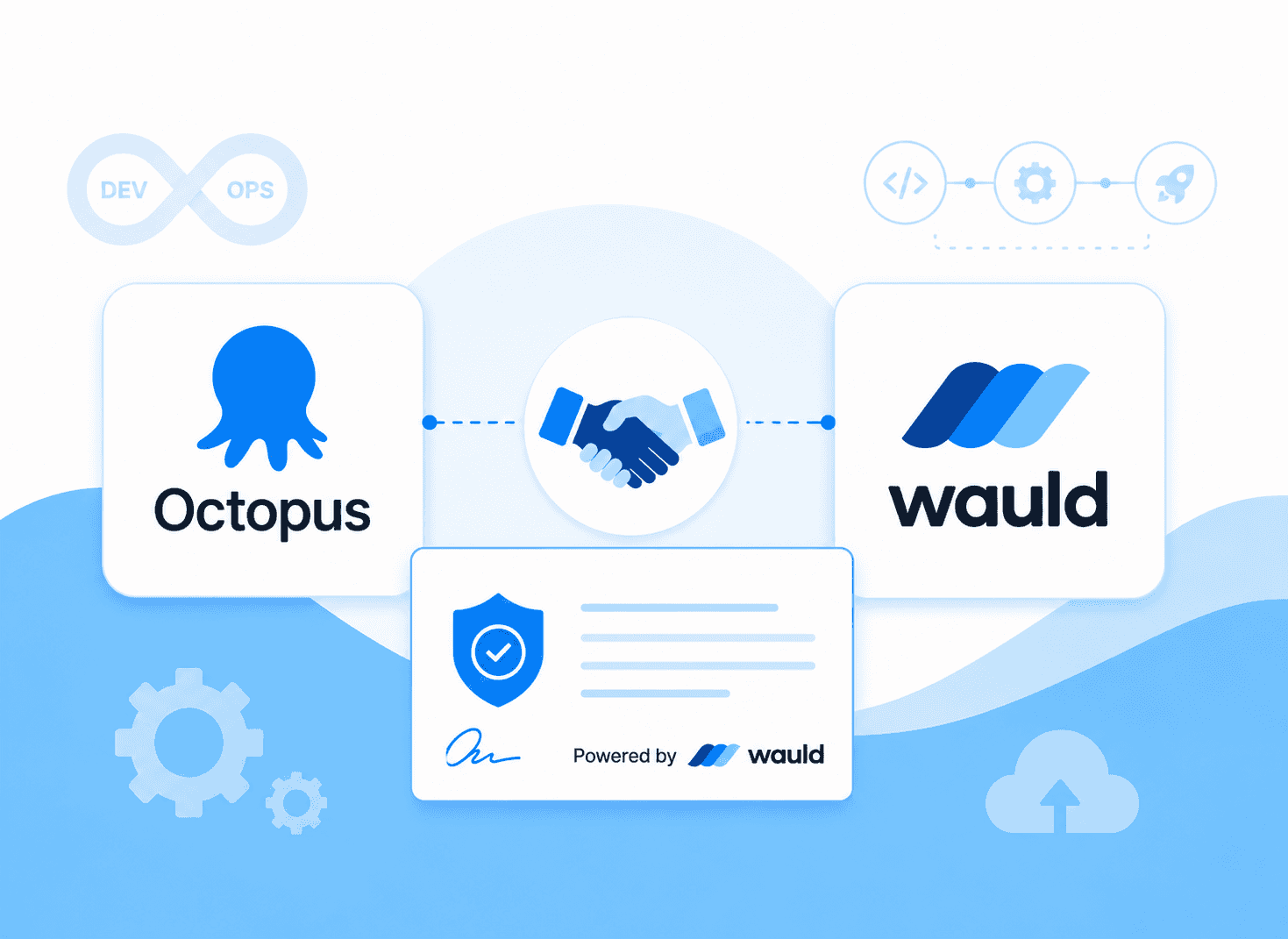 Illustration of a collaboration between Octopus Deploy and Wauld for digital credentials, featuring the Octopus and Wauld logos connected by a handshake icon. Below them is a digital certificate labeled "Powered by Wauld" with the Wauld logo, surrounded by subtle DevOps-themed icons including an infinity loop, code, gears, cloud, and deployment symbols on a clean blue-and-white background.