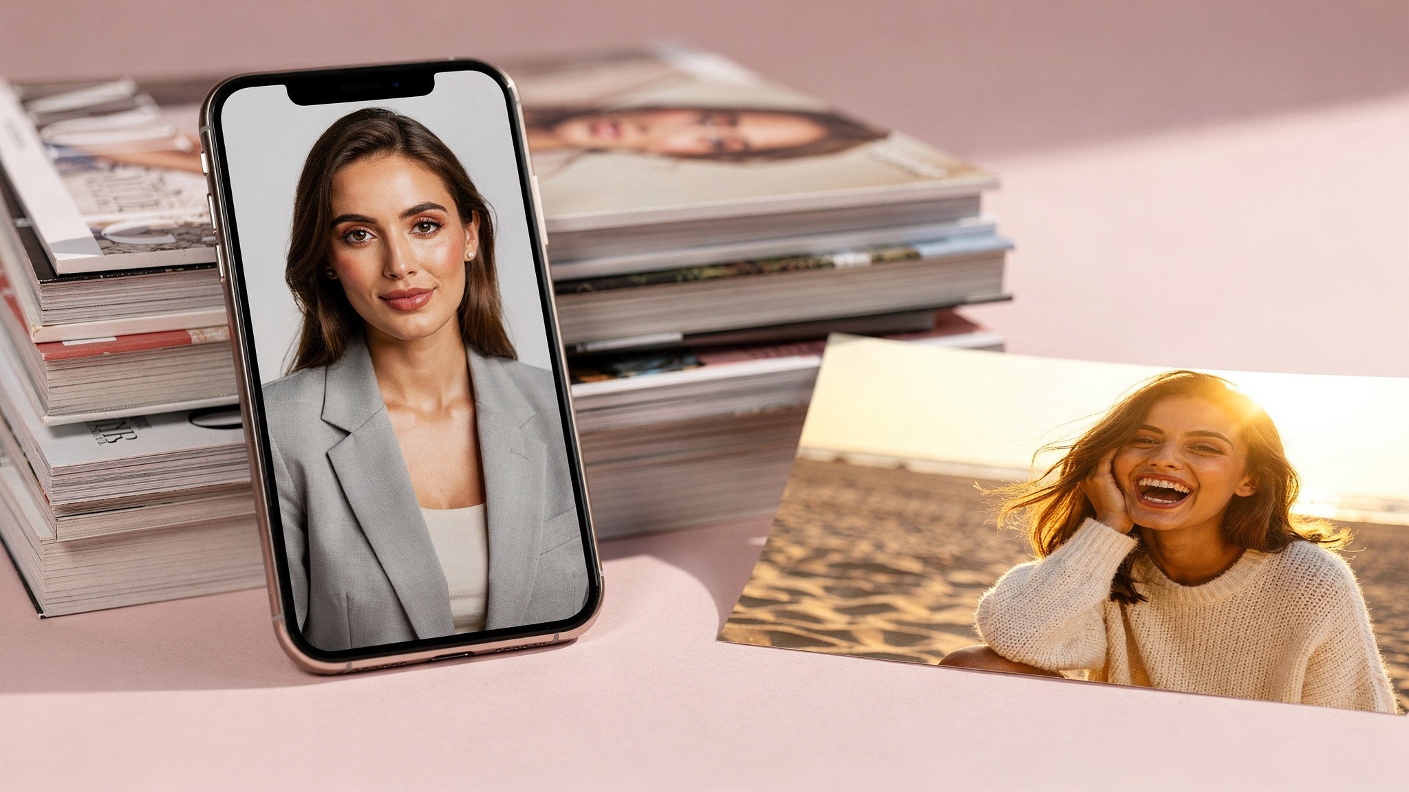 Editorial mockup: a phone showing an Aragon-style polished corporate headshot of a young woman, contrasted with a moodier creator-style portrait on a pale pink background