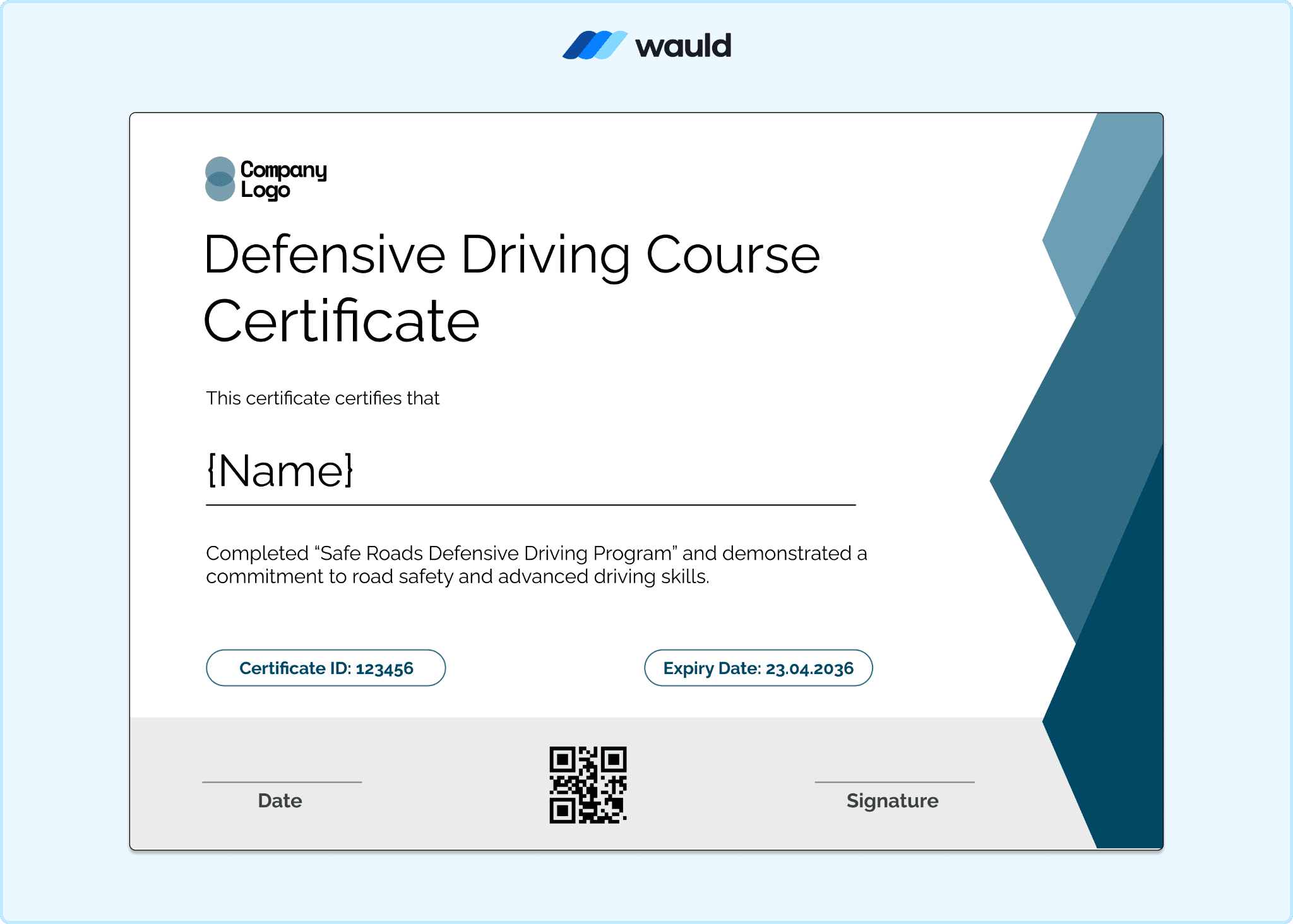 Minimal grey defensive driving course certificate template with clean white layout, recipient name field, certificate ID, expiry date, QR code, and signature line for Safe Roads program documentation